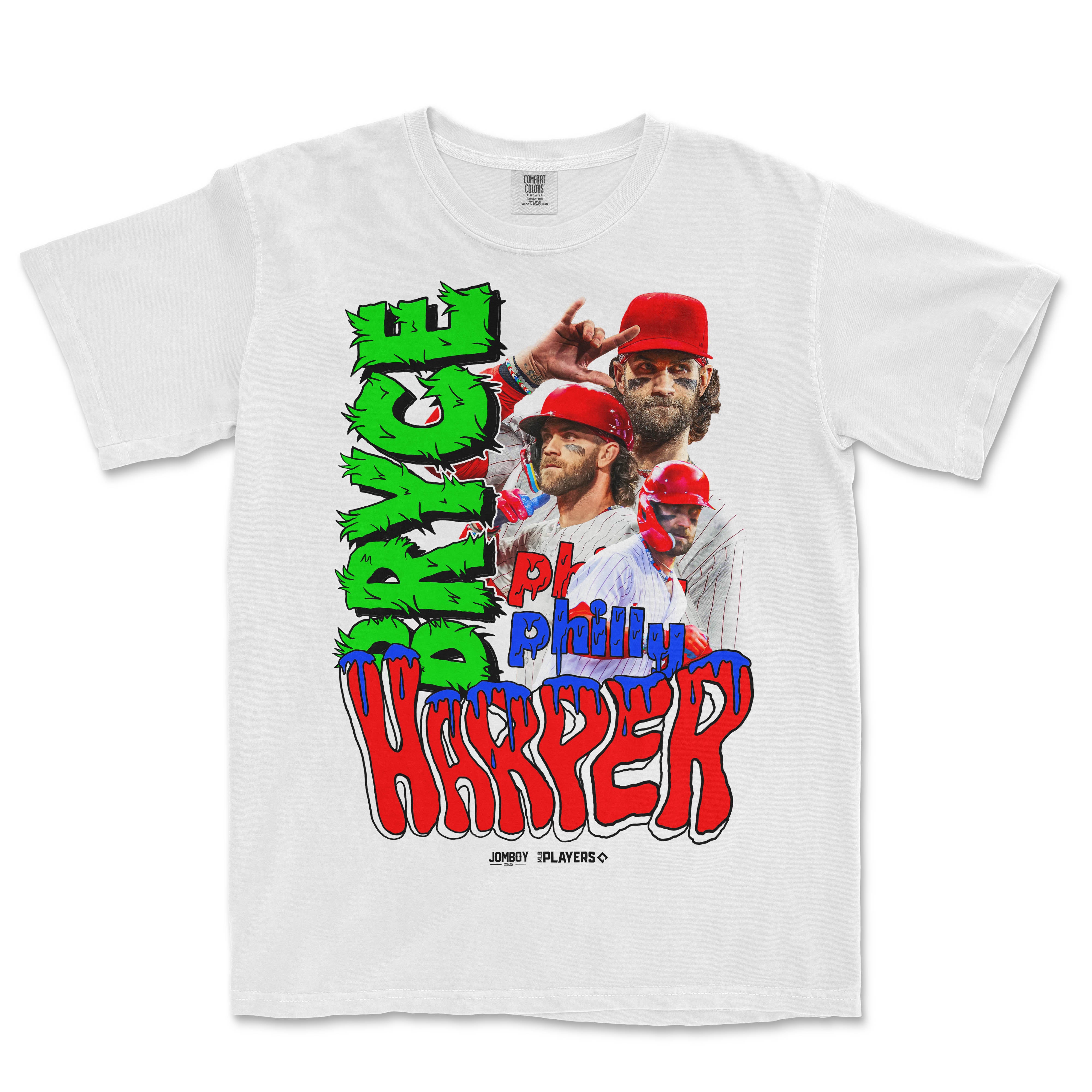 White Comfort Colors T-shirt featuring colorful graphic design of Bryce Harper in baseball gear with bold, graffiti-style text.