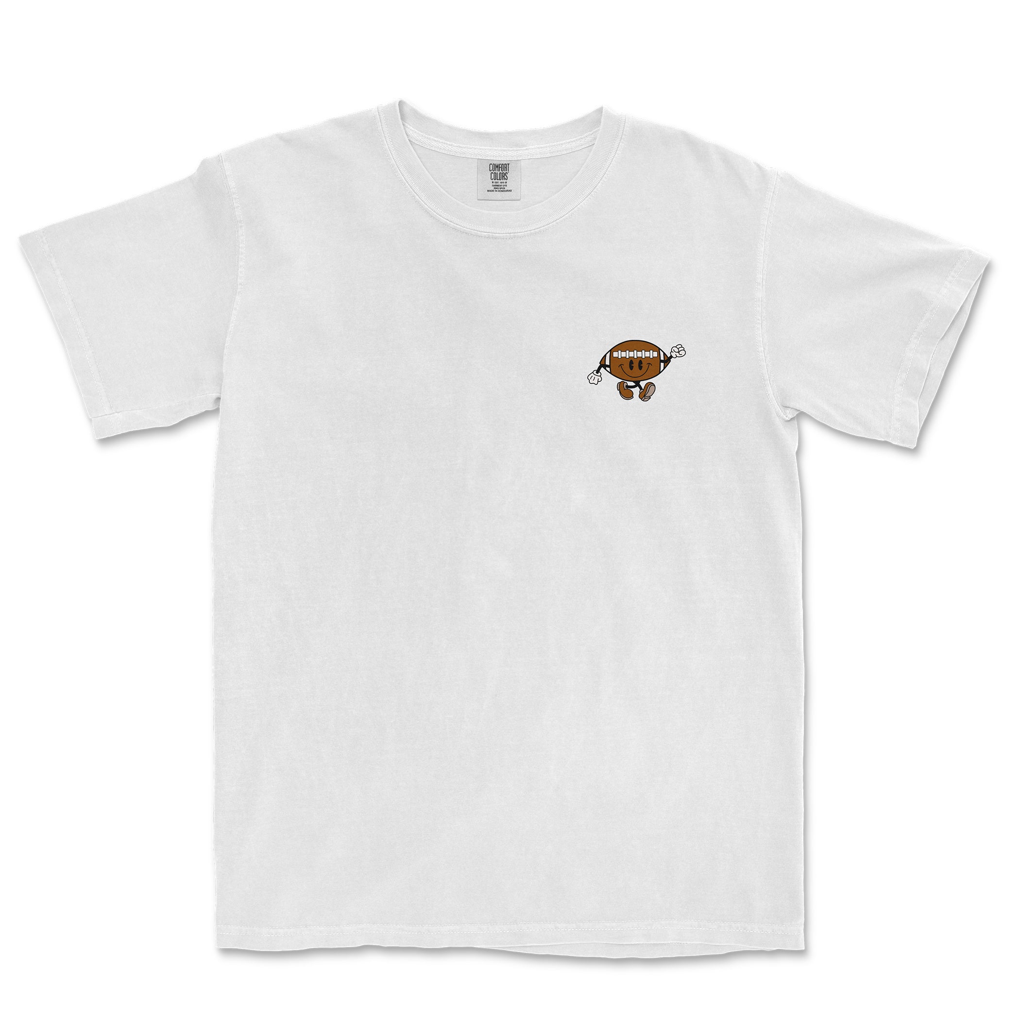 White Comfort Colors tee featuring a small cartoon football girl mascot with a smiling football face, arms, and legs on the chest.
