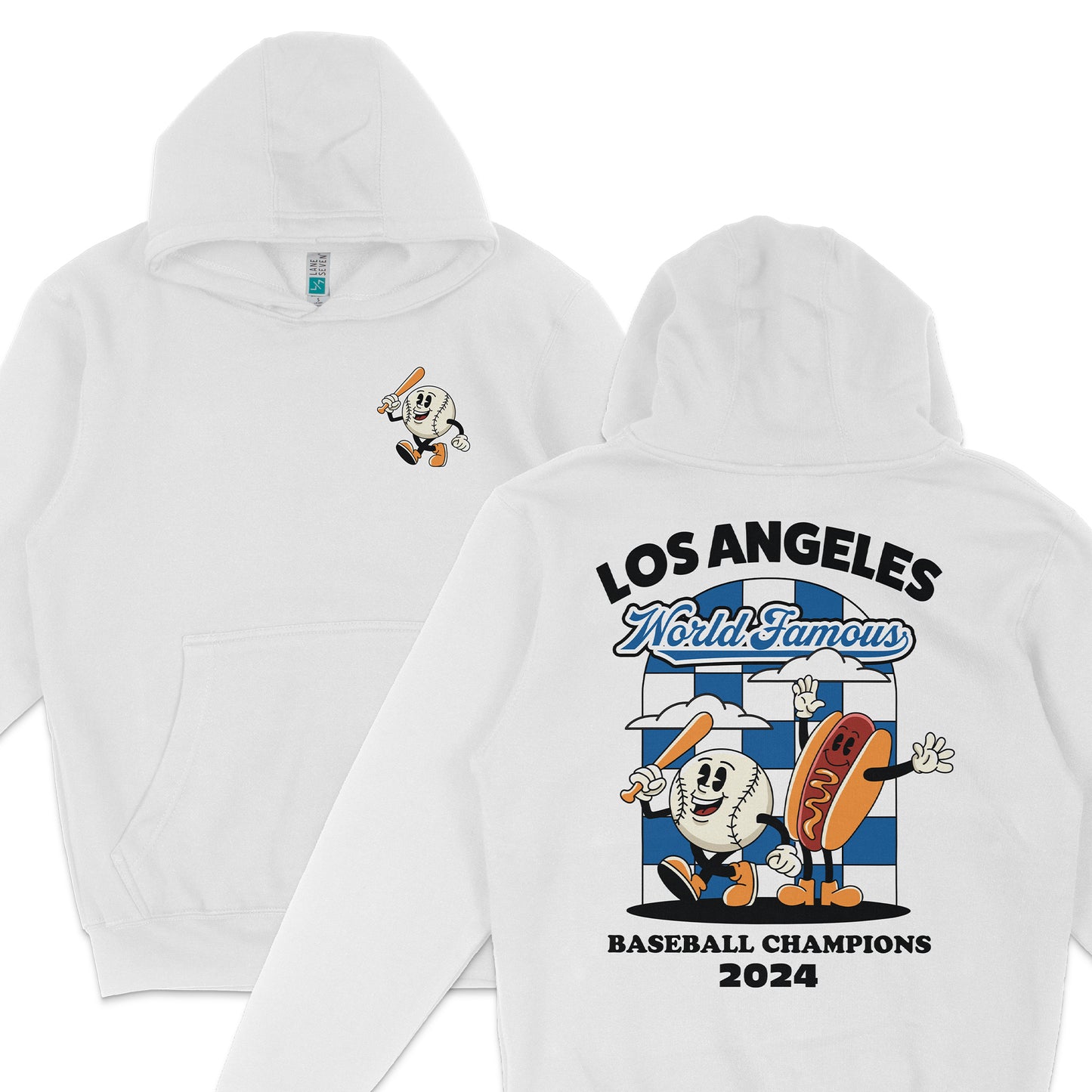White hoodie featuring a cartoon baseball character and hot dog mascot celebrating the 2024 Los Angeles World Famous Baseball Champions.