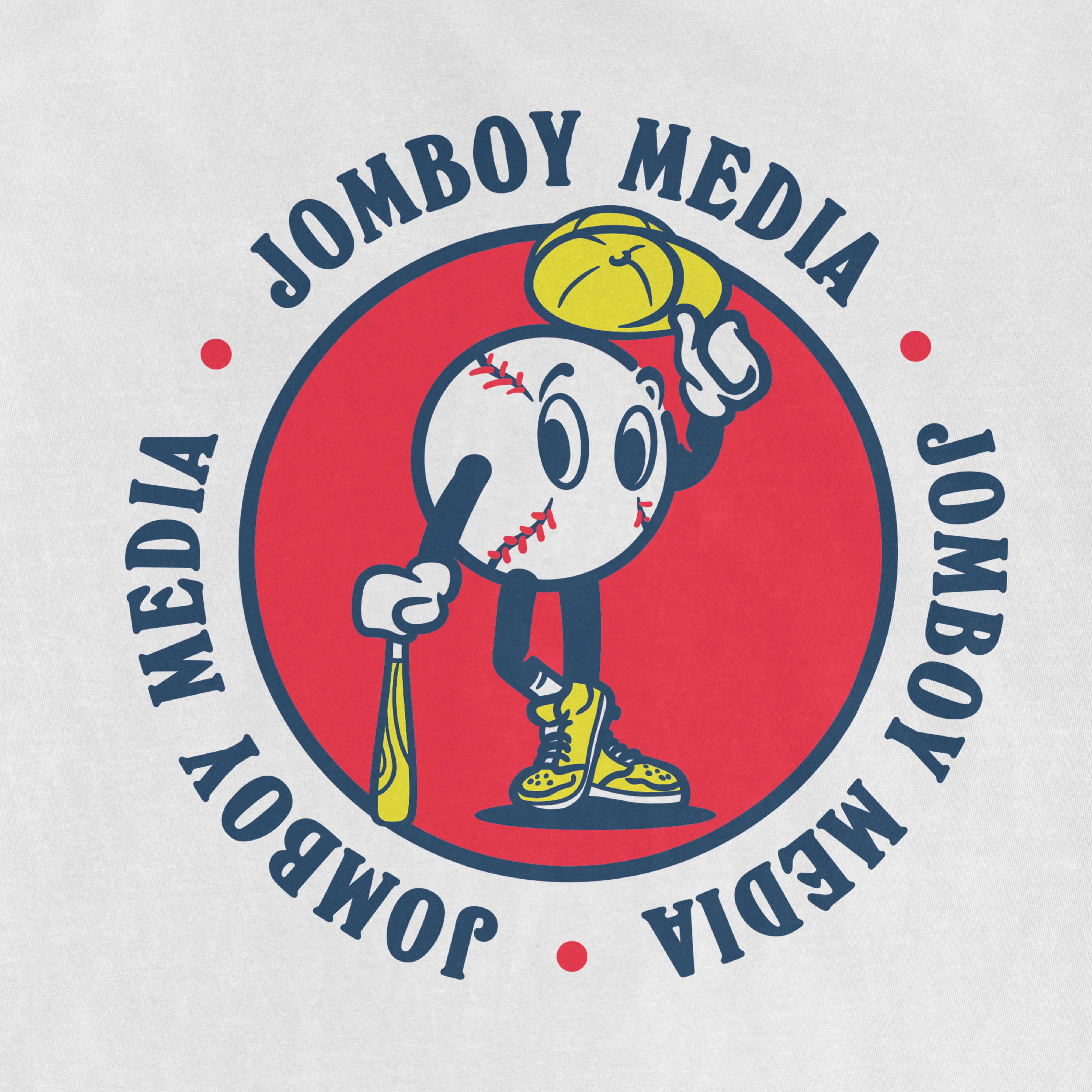 A cartoon baseball mascot with a bat, wearing sneakers, holding a yellow baseball glove, surrounded by the text "JOMBOY MEDIA" and "MEDIJA" in a circular design.