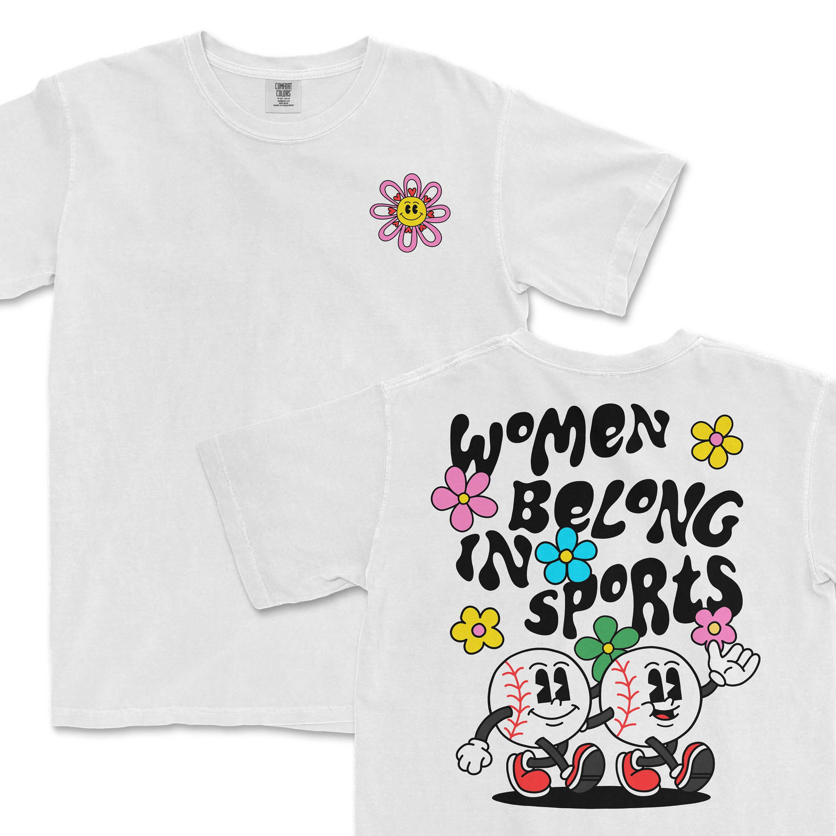 White T-shirt featuring colorful, playful graphics promoting women in sports, with cheerful flower and baseball character designs.