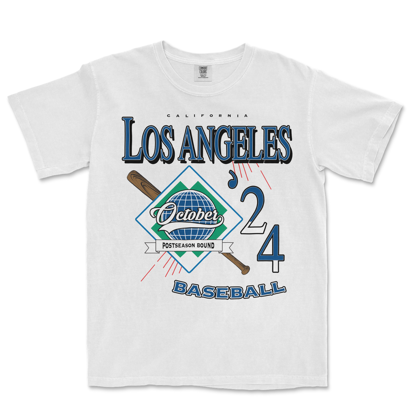 White Comfort Colors T-shirt featuring a Los Angeles October 2024 baseball postseason graphic with a bat, globe, and event details.