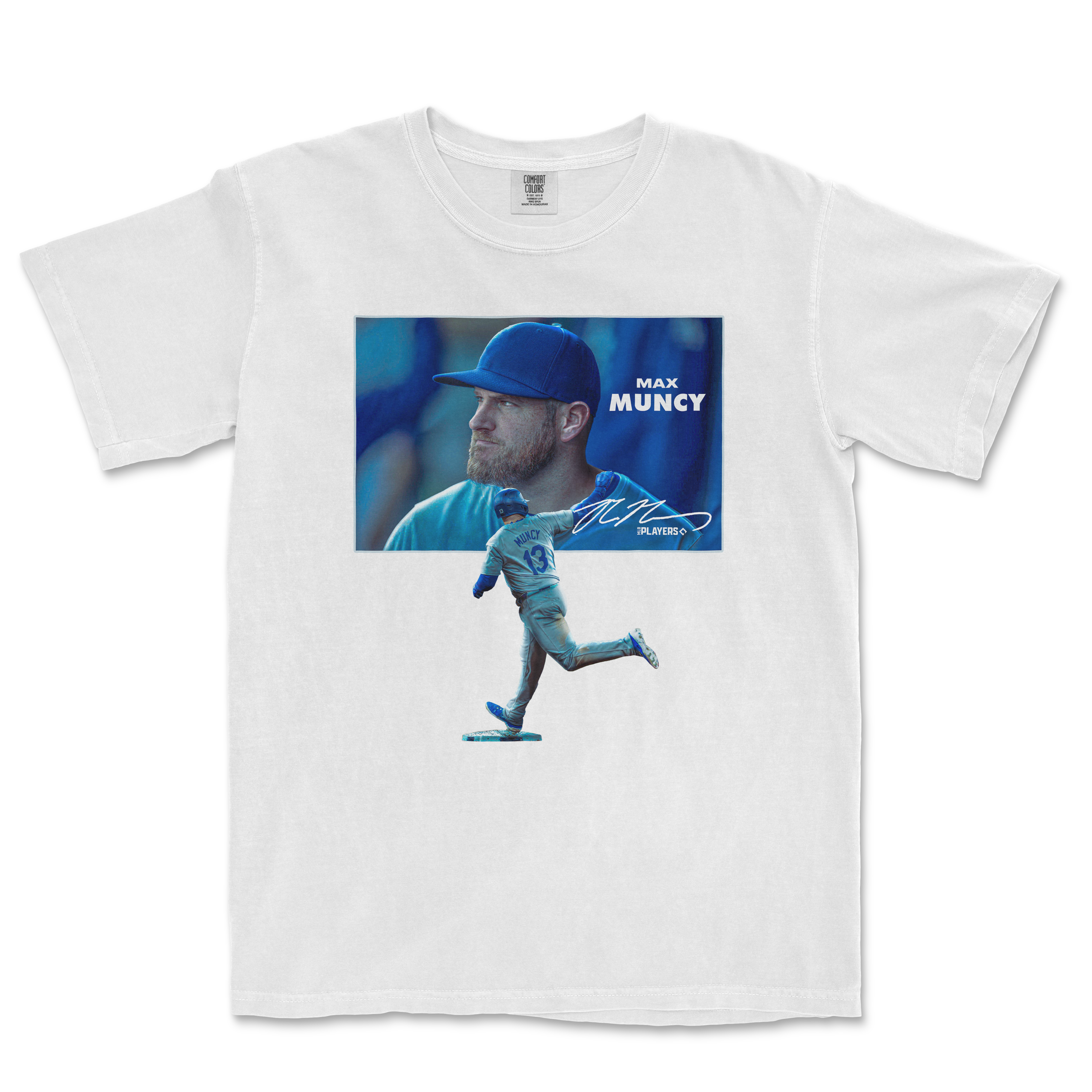 White Comfort Colors T-shirt featuring Max Muncy's image, signature, and a running baseball player graphic.