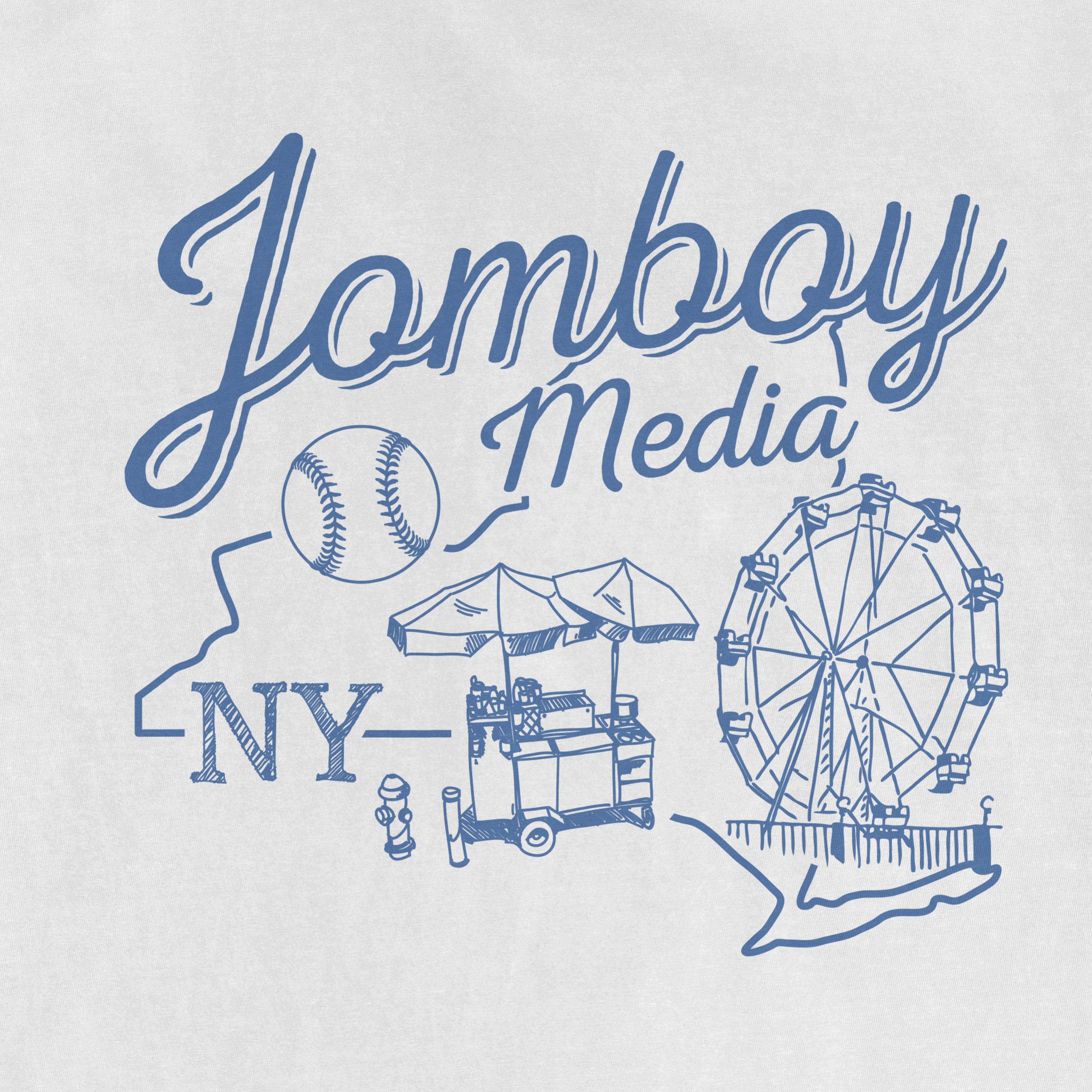 Illustration of "The Coney Island Classic" featuring a baseball, a food cart, a Ferris wheel, and the outline of New York State.