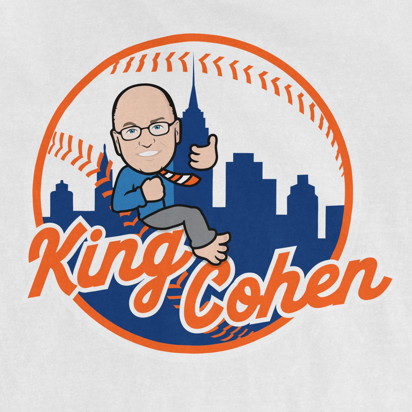 Cartoon man with glasses giving a thumbs-up, sitting on the words "King Cohen" with a city skyline and baseball stitching in the background.