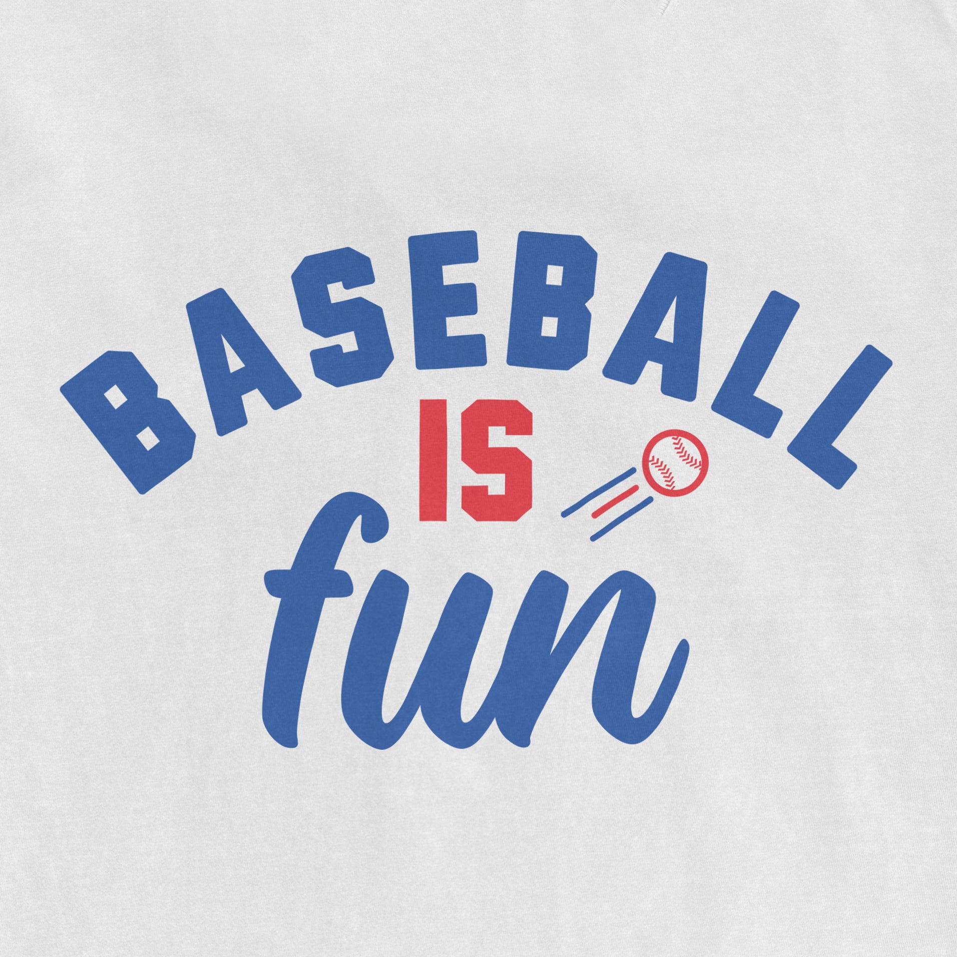 Comfort Colors® vintage tee with a baseball-themed design reading "Baseball is fun" in blue and red, featuring a baseball graphic and motion lines.