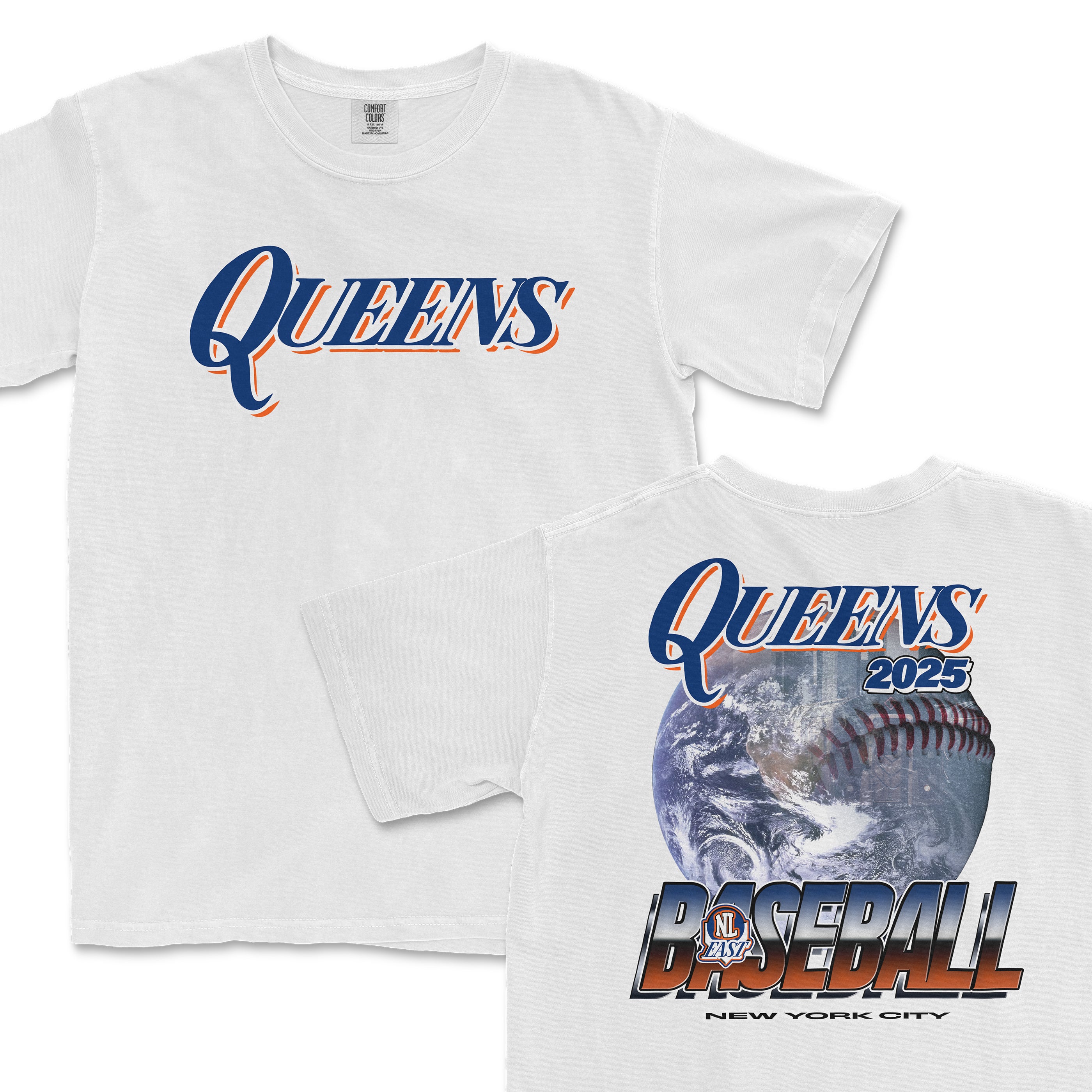 White Comfort Colors T-shirt with "Queens" text, a baseball, Earth graphic, and "2025" and "New York City" details.