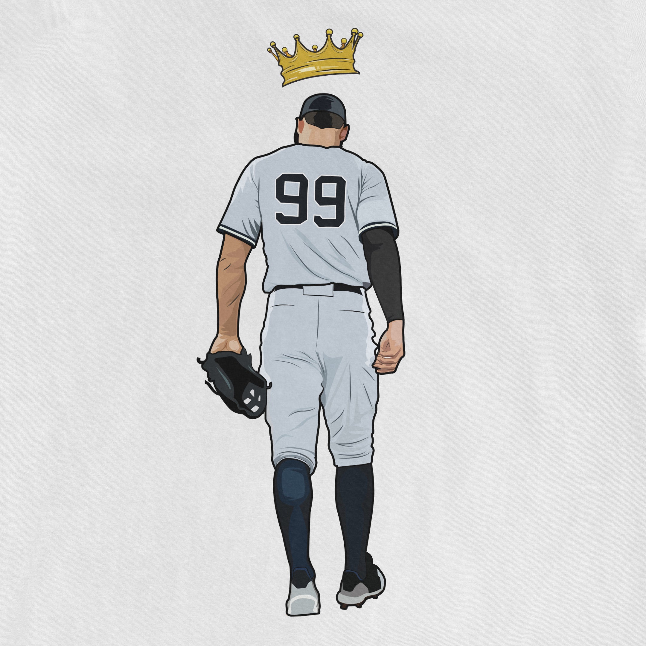 Illustration of a baseball player in a white uniform with the number 99, holding a helmet, with a gold crown above his head.