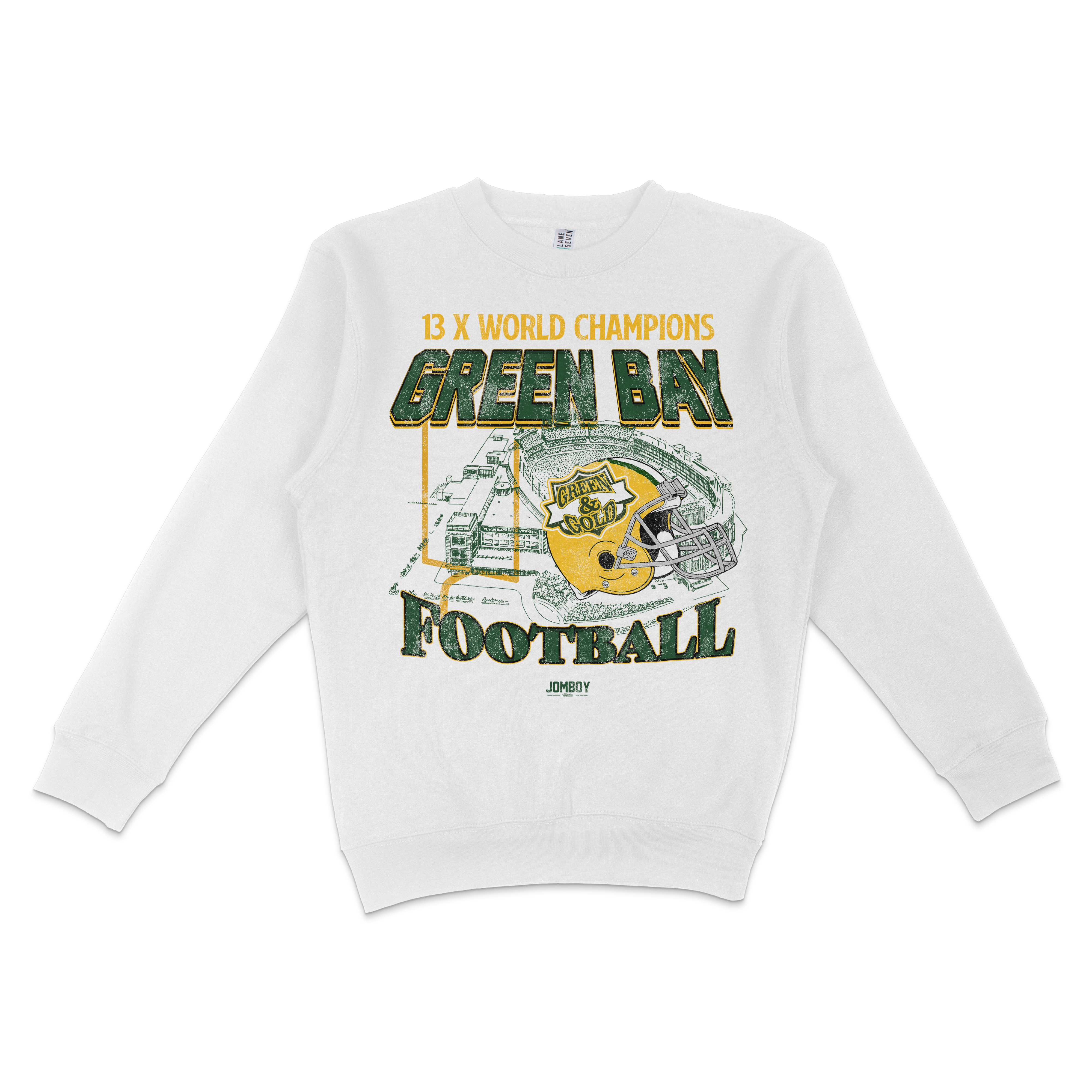 White crewneck sweatshirt featuring "13X World Champs Green Bay Football" graphic with a football helmet and stadium illustration.