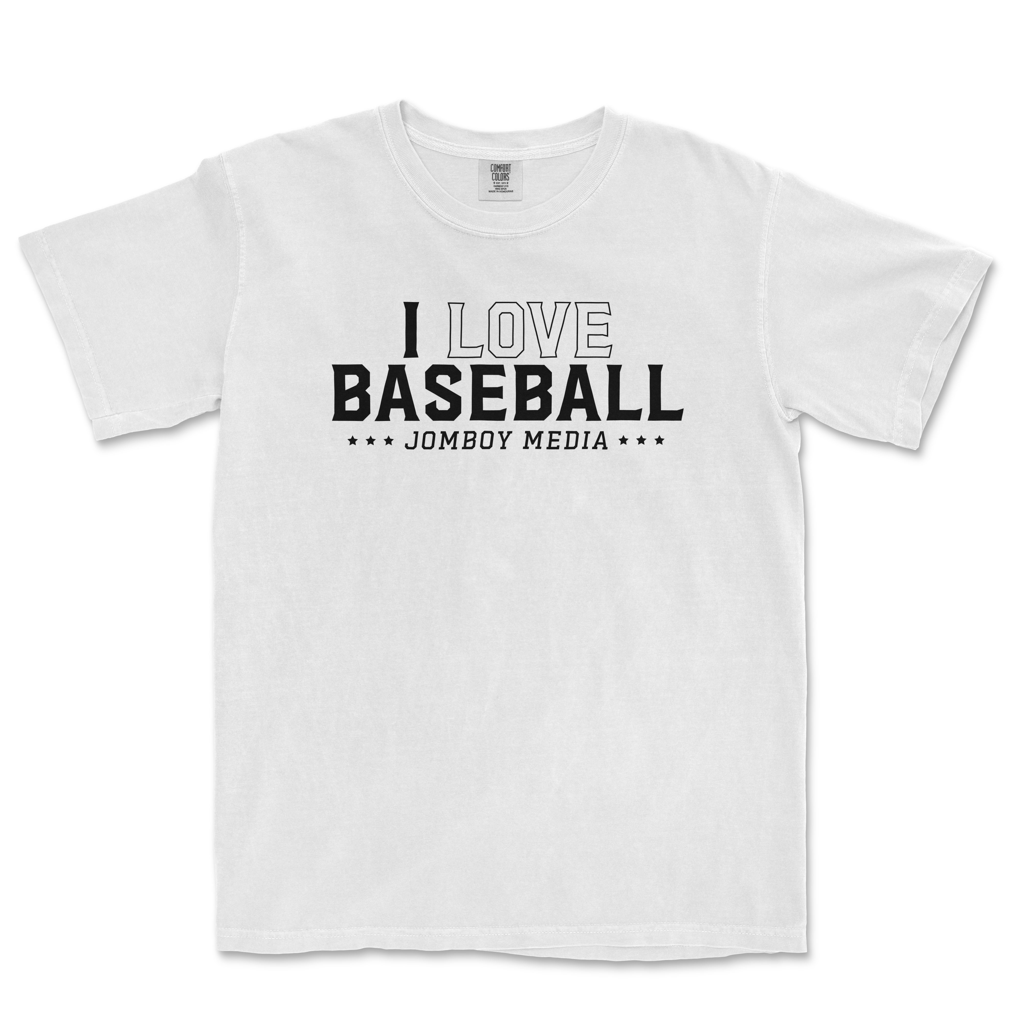 White vintage Comfort Colors T-shirt with black "I Love Baseball" text, stars, and "Jomboy Media" logo across the chest.