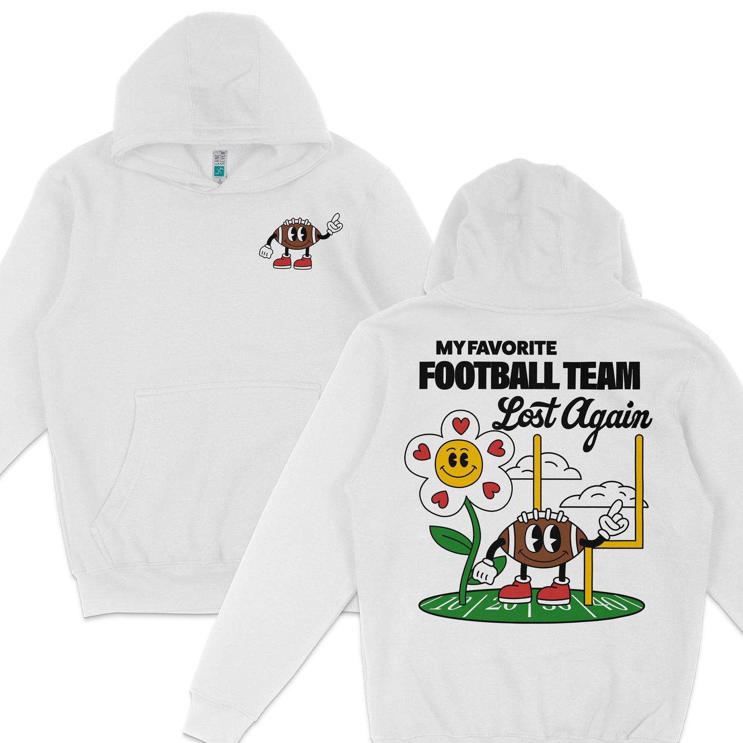White hoodie featuring a cartoon football character with a raised finger, and the back with playful text "My favorite football team lost again" and a cheerful flower.