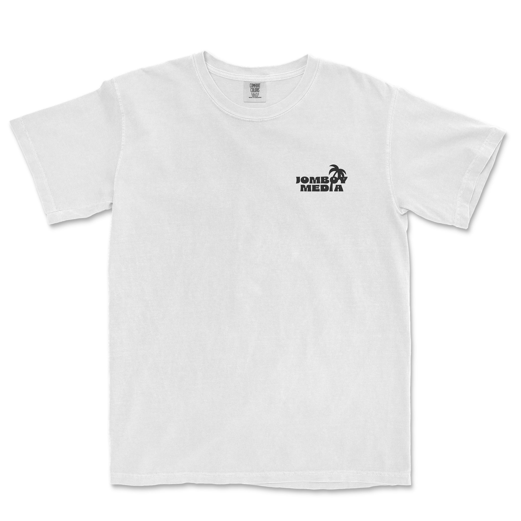 White Comfort Colors tee with "Just Froggin' Around" text and a small logo featuring a frog and palm tree on the chest.