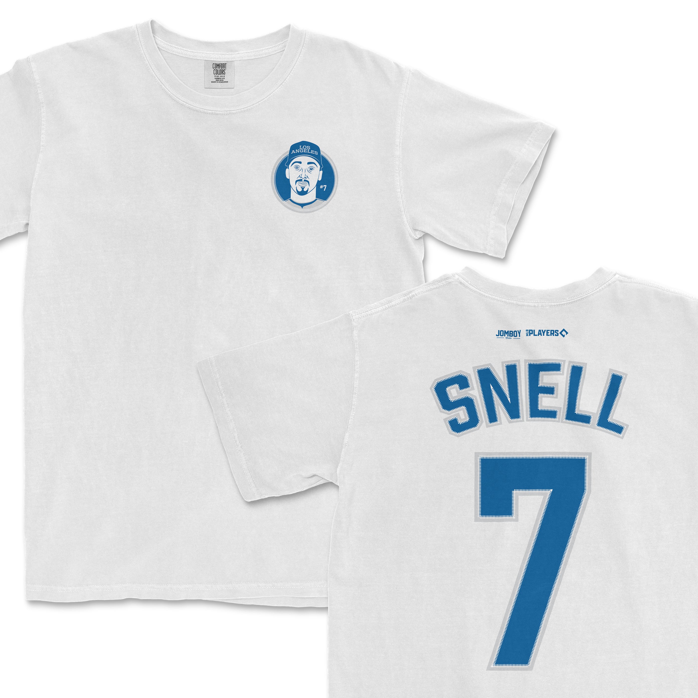 White Comfort Colors tee featuring a Blake Snell shirsey design with his name and number on the back, and a team logo on the front.
