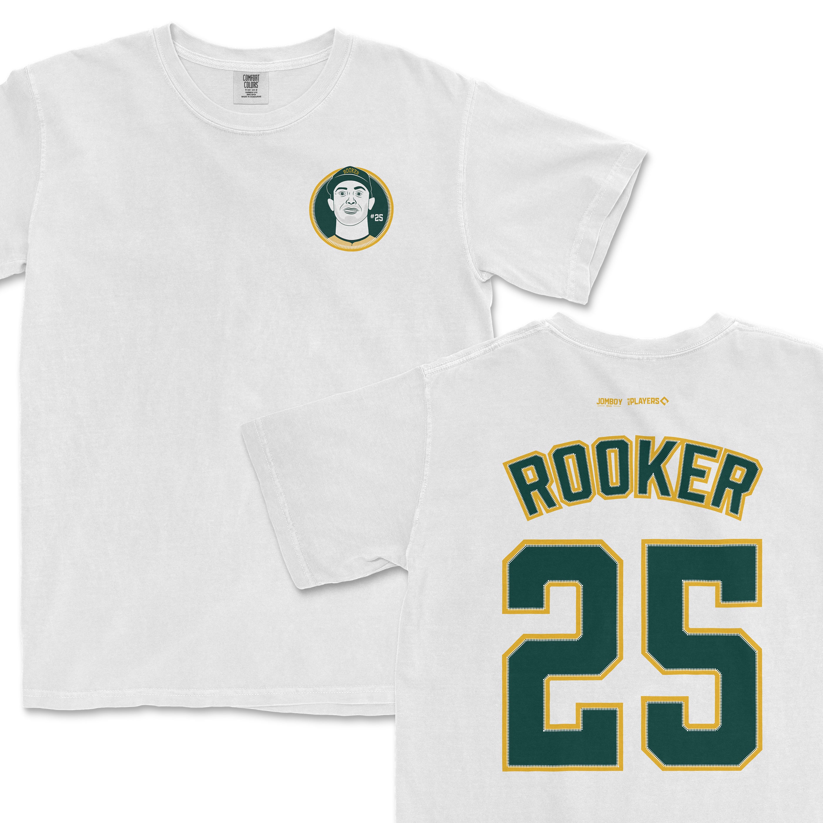 White Comfort Colors T-shirt featuring a Brent Rooker illustration on the front and his name with the number 25 on the back.
