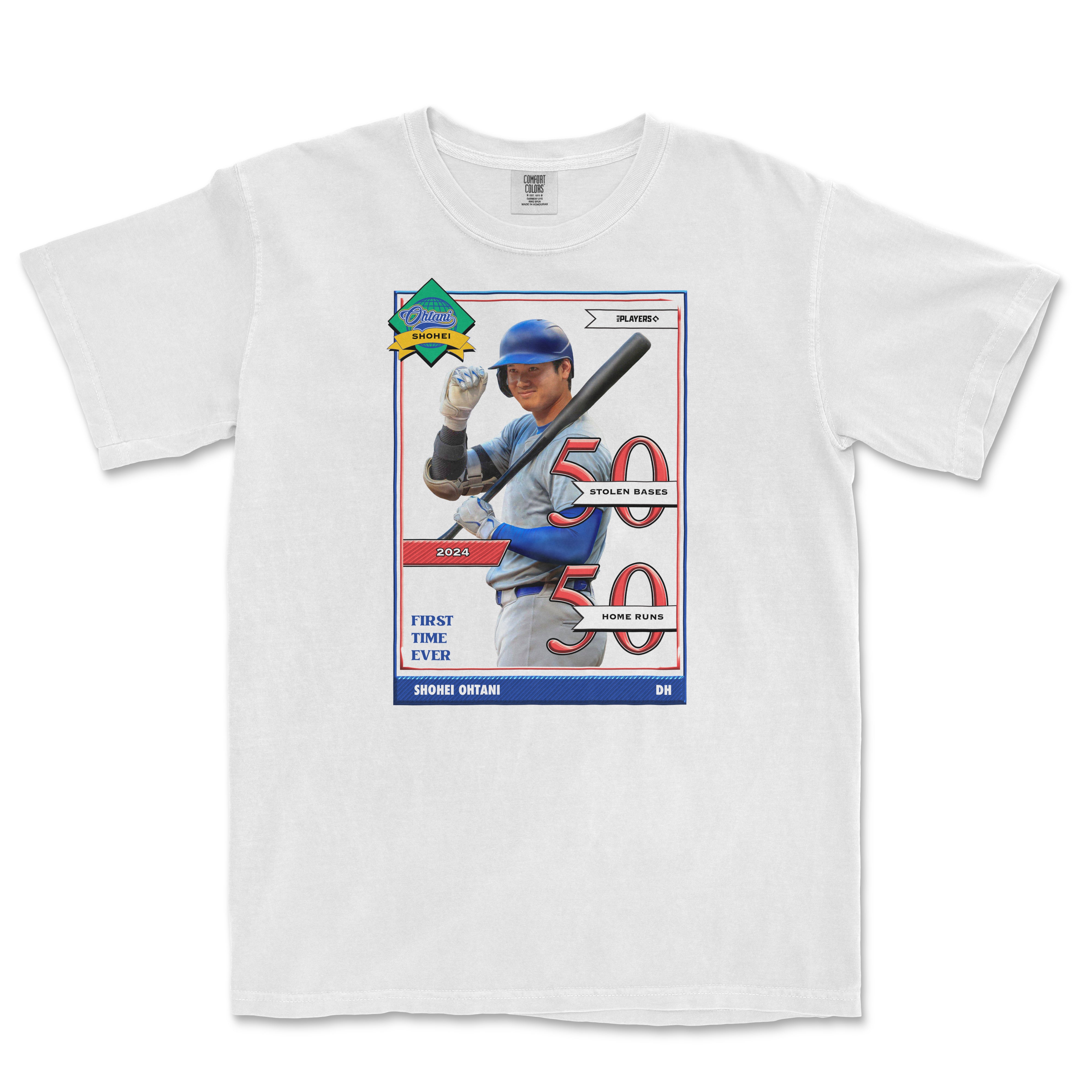 White T-shirt featuring a graphic of Shohei Ohtani with stats highlighting his first home run, stolen bases, and home runs in 2024.