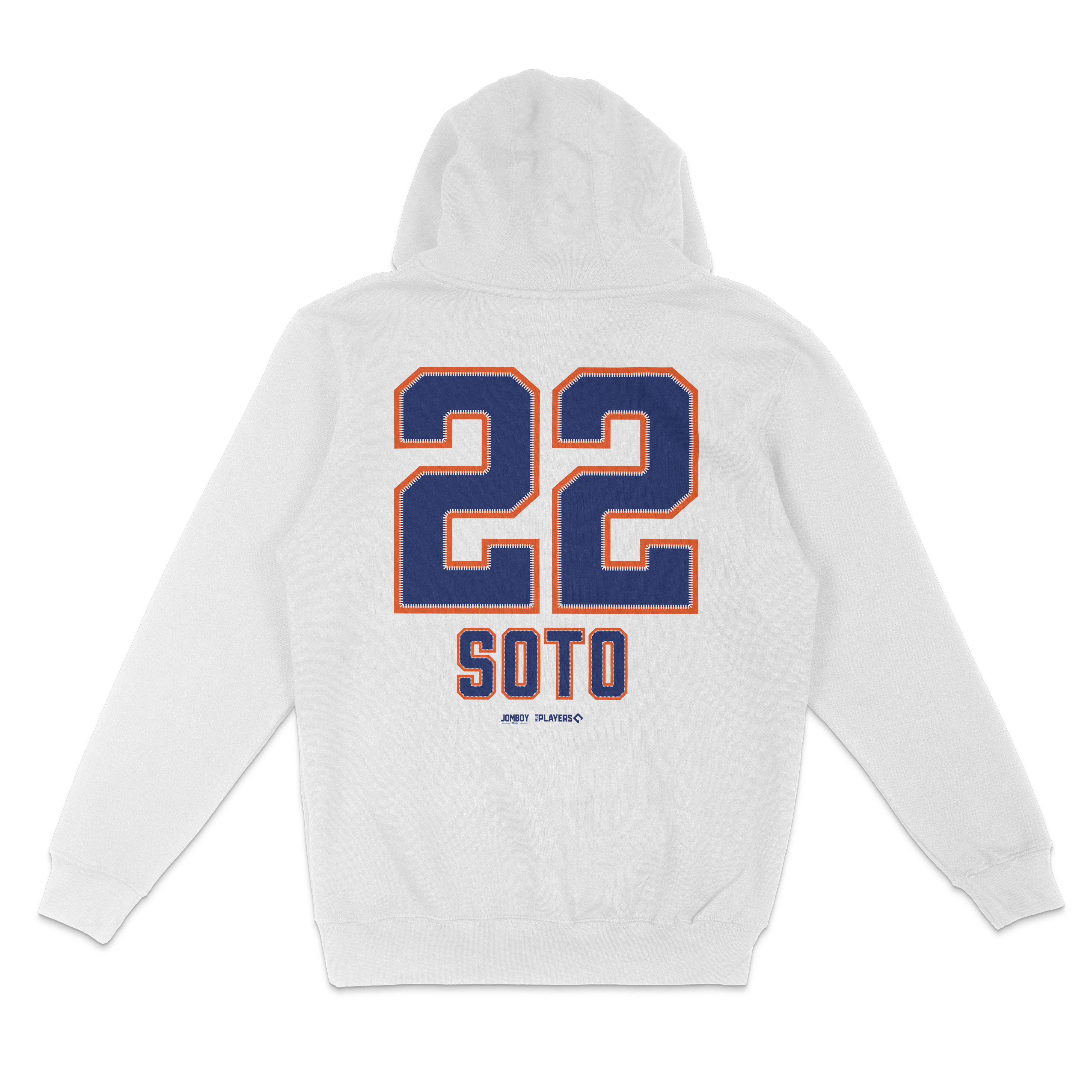 White crewneck sweatshirt featuring "22" and "SOTO" in blue and orange, with small logos below, celebrating Juan Soto NYM.