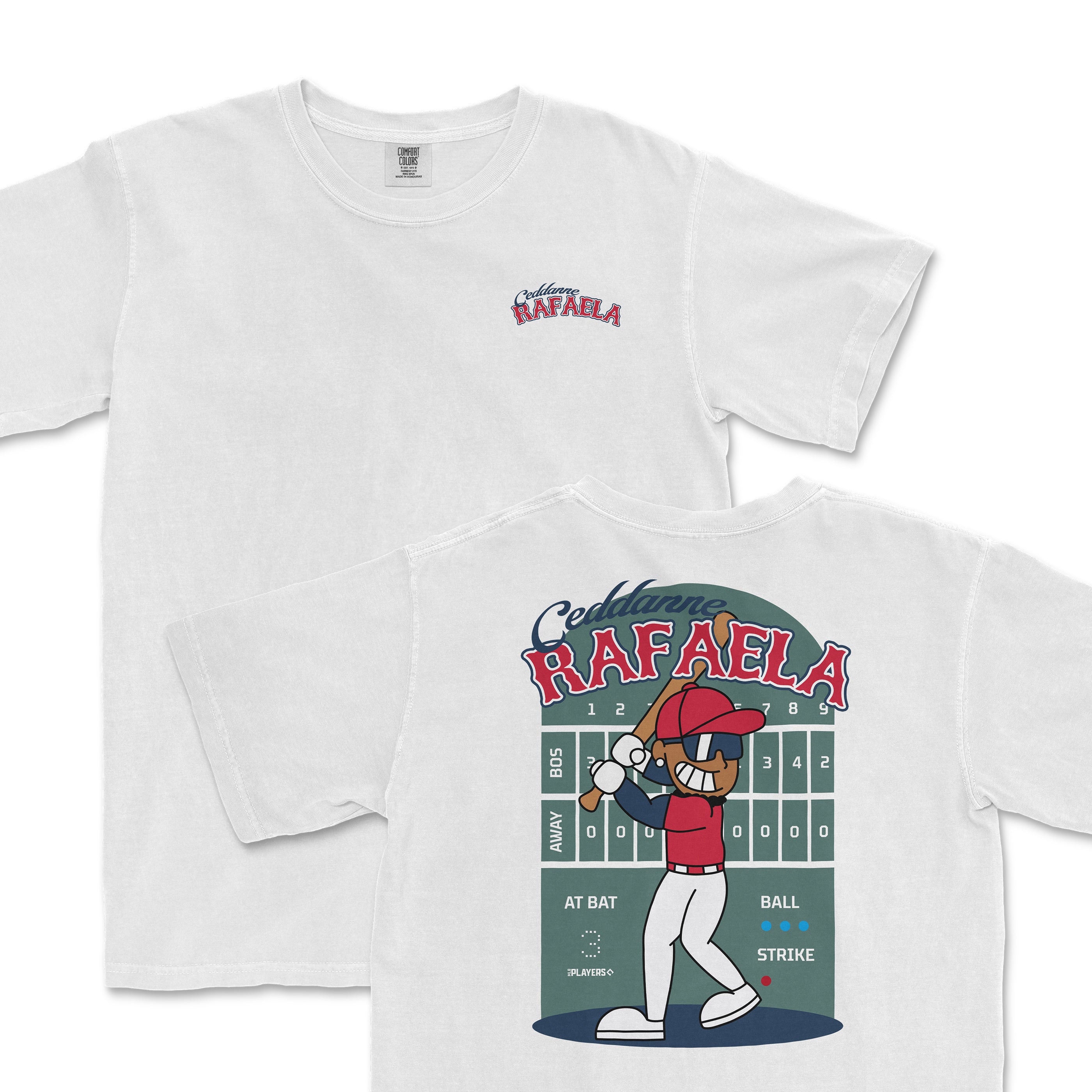 White t-shirt featuring a cartoon graphic of Ceddanne Rafaela at bat, with a scoreboard design on the back.
