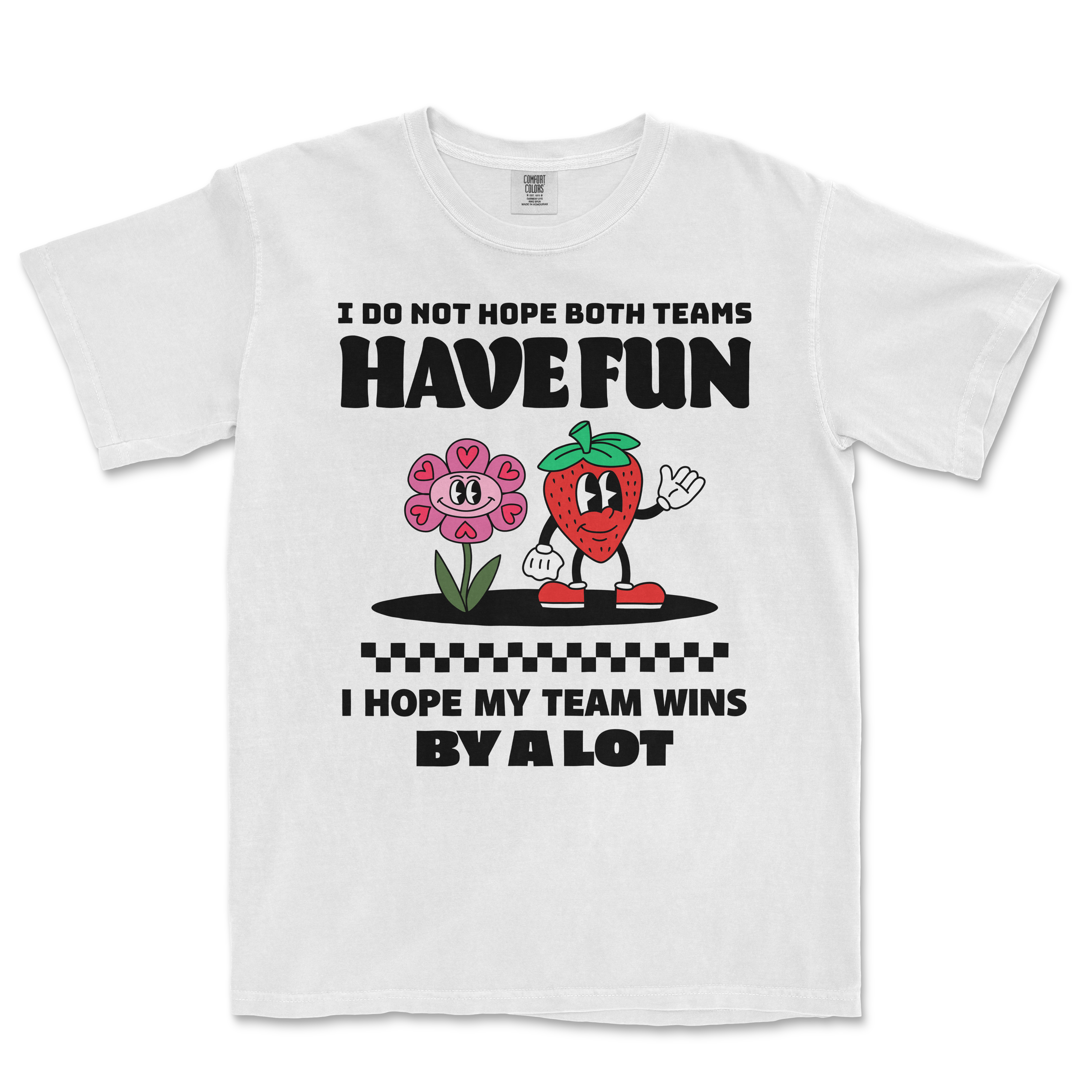 White Comfort Colors T-shirt with playful black text, a smiling flower and strawberry character, and checkered design.