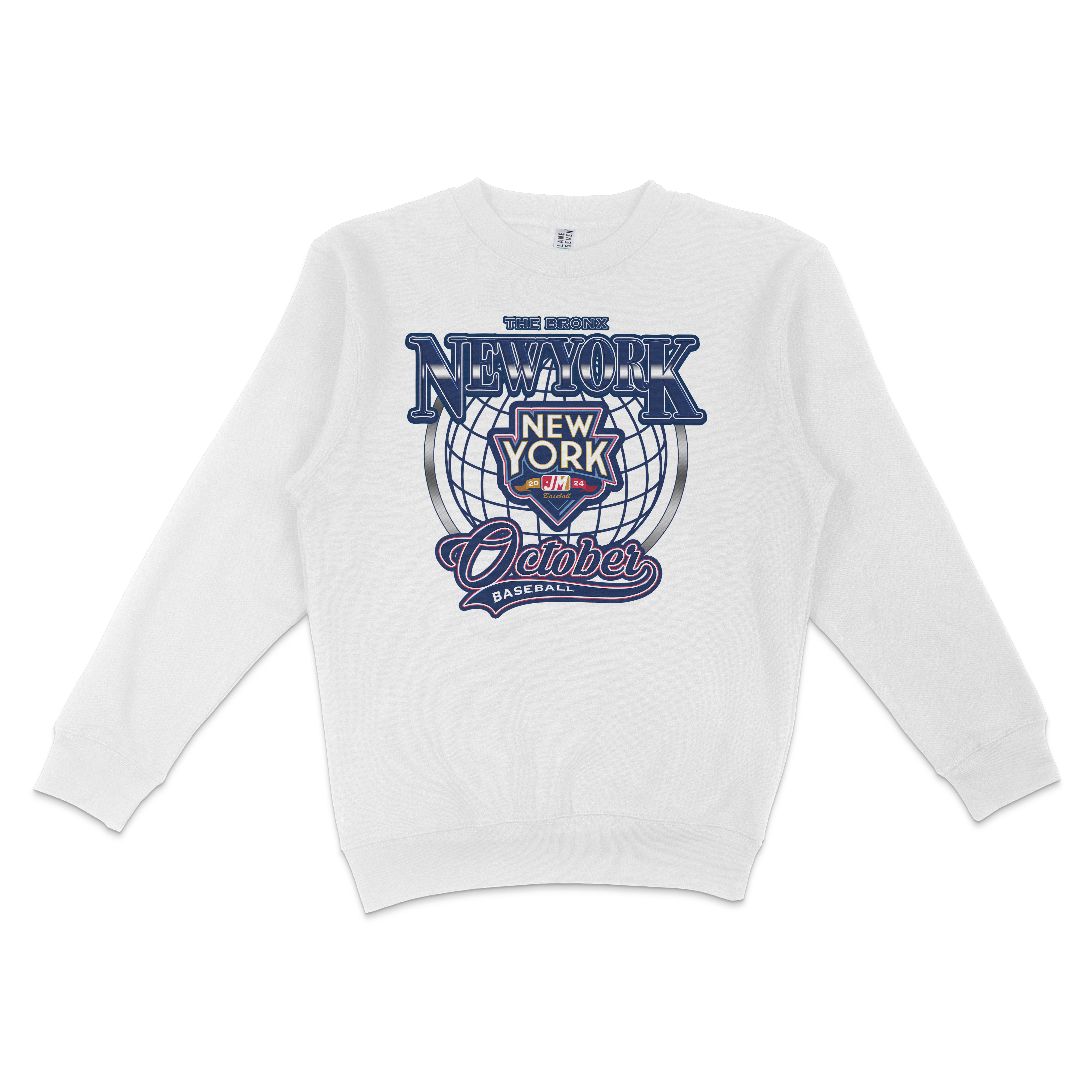 White crewneck sweatshirt featuring a colorful graphic design with "October" and "New York" text, a globe, and baseball-themed elements.