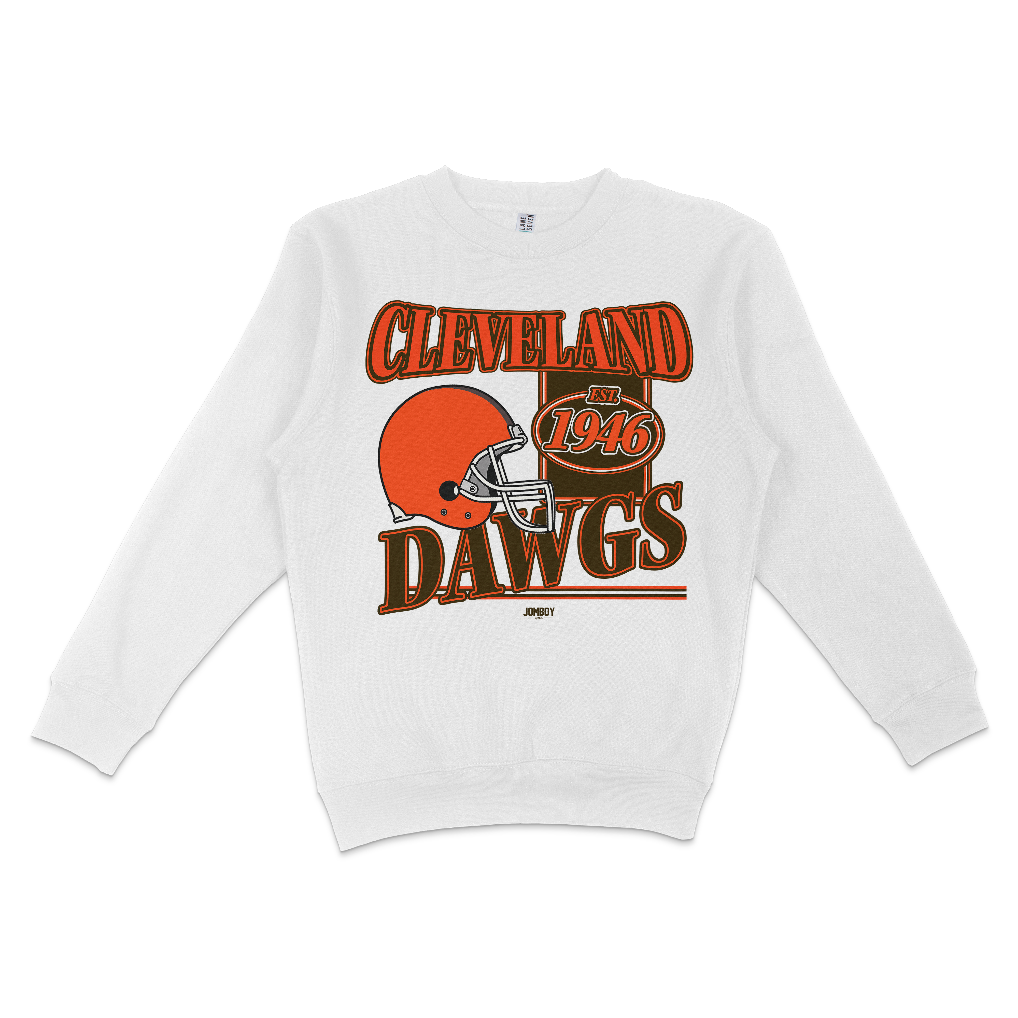 White crewneck sweatshirt featuring "Cleveland Dawgs" text, a football helmet graphic, and "EST 1946" in orange and black.