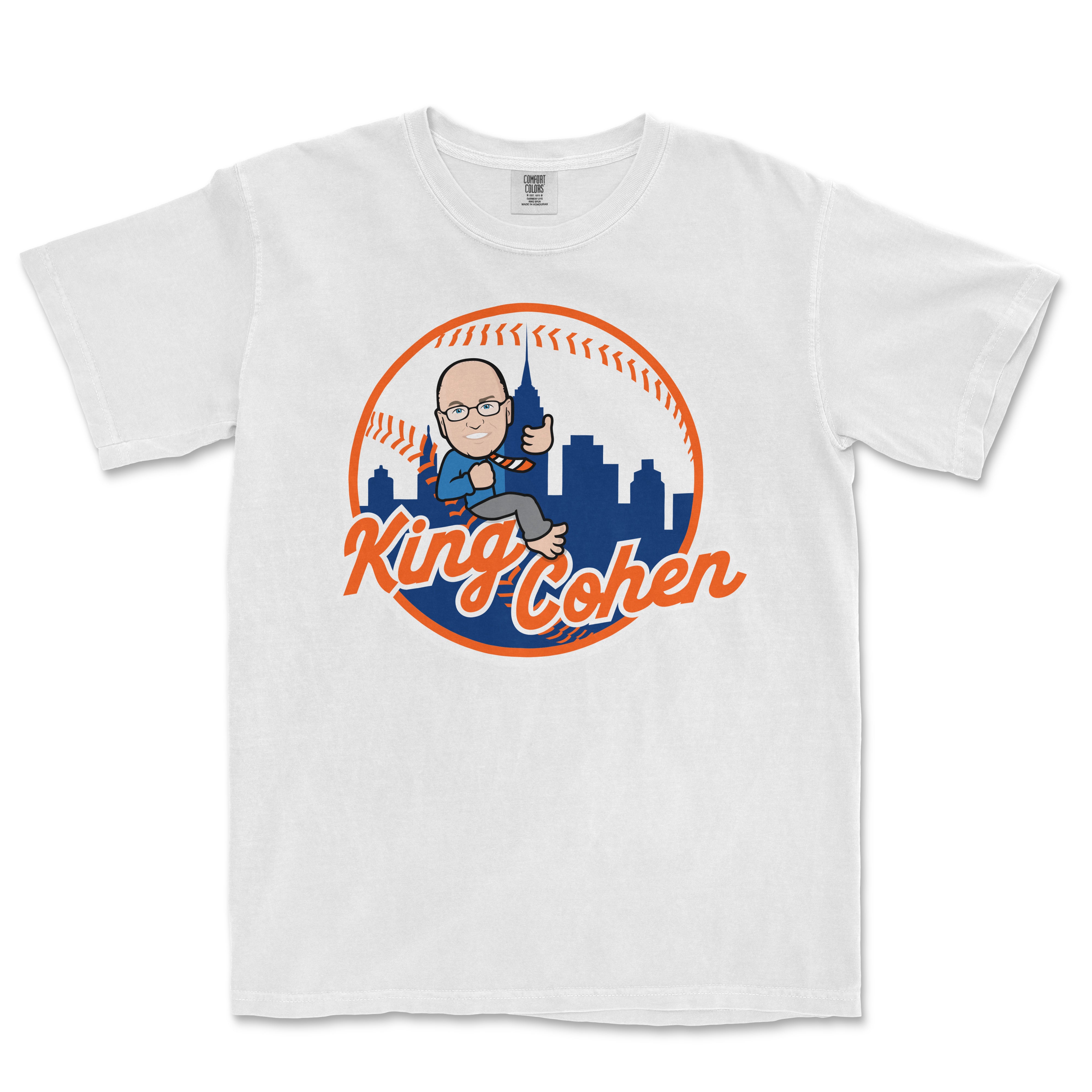White Comfort Colors T-shirt featuring a cartoon illustration of King Cohen holding a walkie-talkie, with a city skyline and baseball stitching in the background.