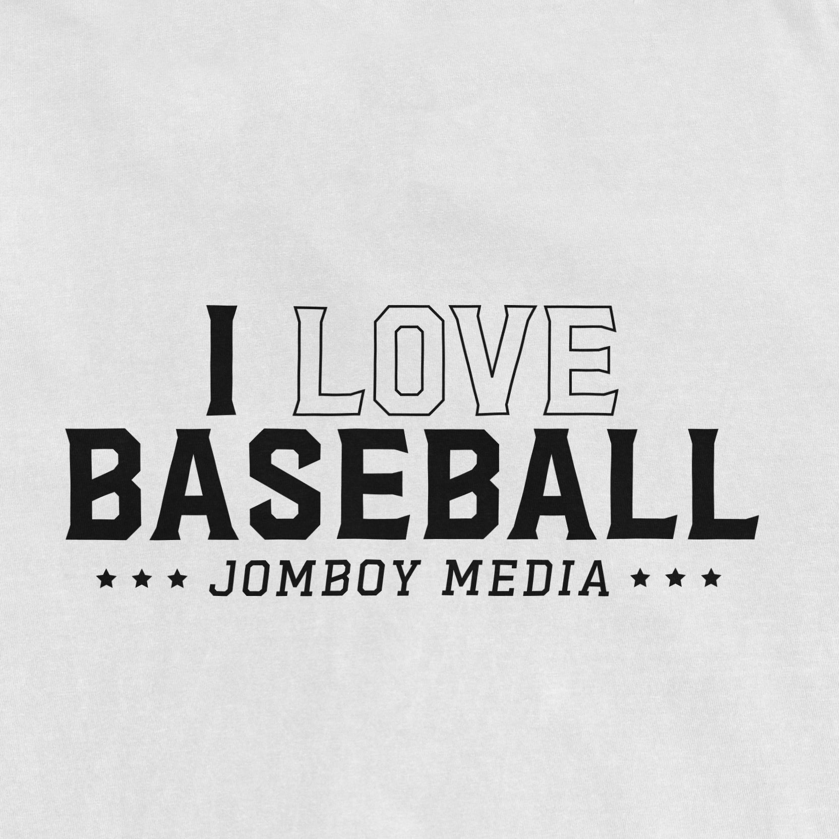 Black and white graphic text on a vintage Comfort Colors T-shirt reads 'I Love Baseball' with 'Jombo Media' below, decorated with stars.