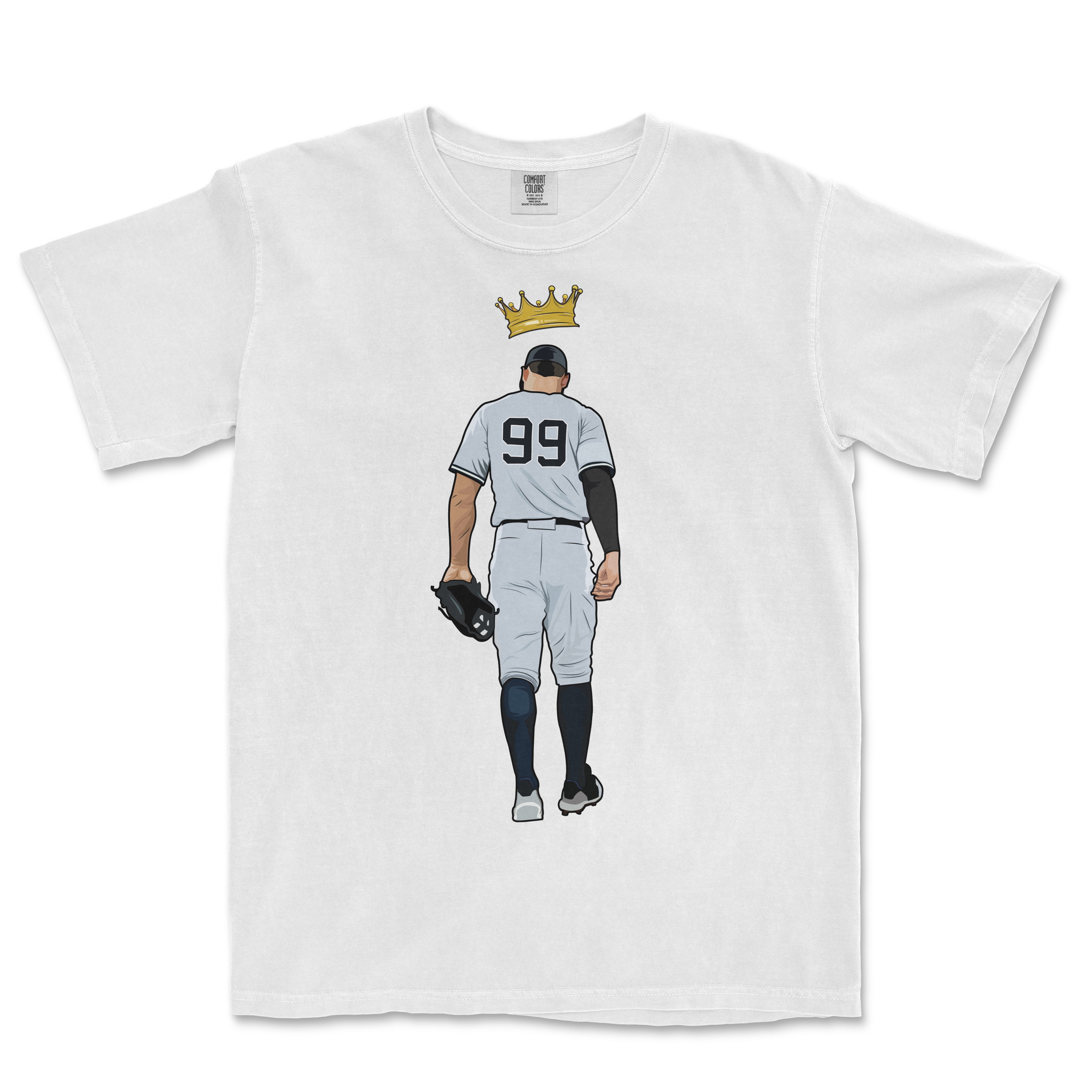 White Comfort Colors T-shirt featuring a graphic of a baseball player with the number 99 and a gold crown above his head.