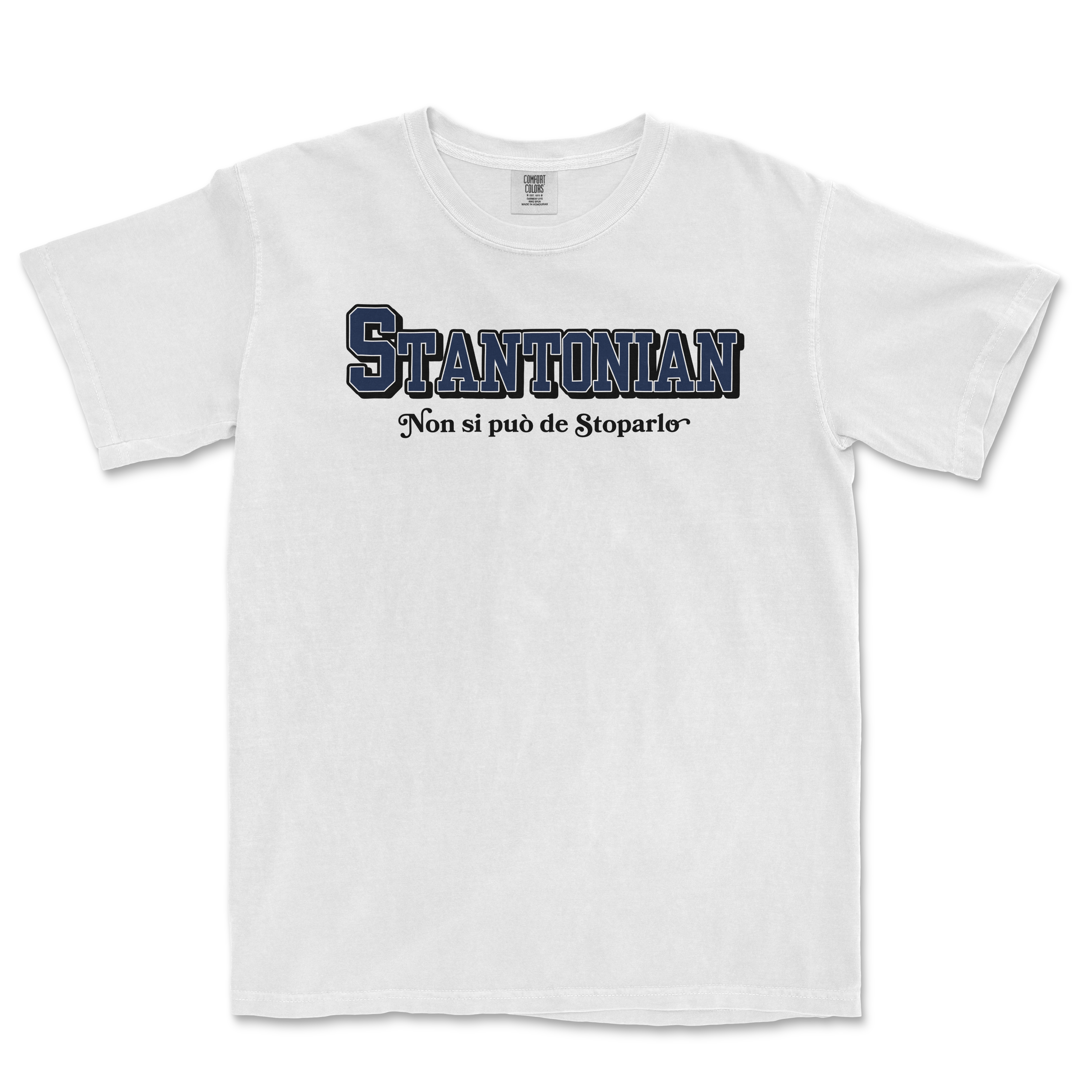 White T-shirt with "STANTONIAN" in bold blue letters, and the phrase "Non si può de Stoparlo" below in black cursive.