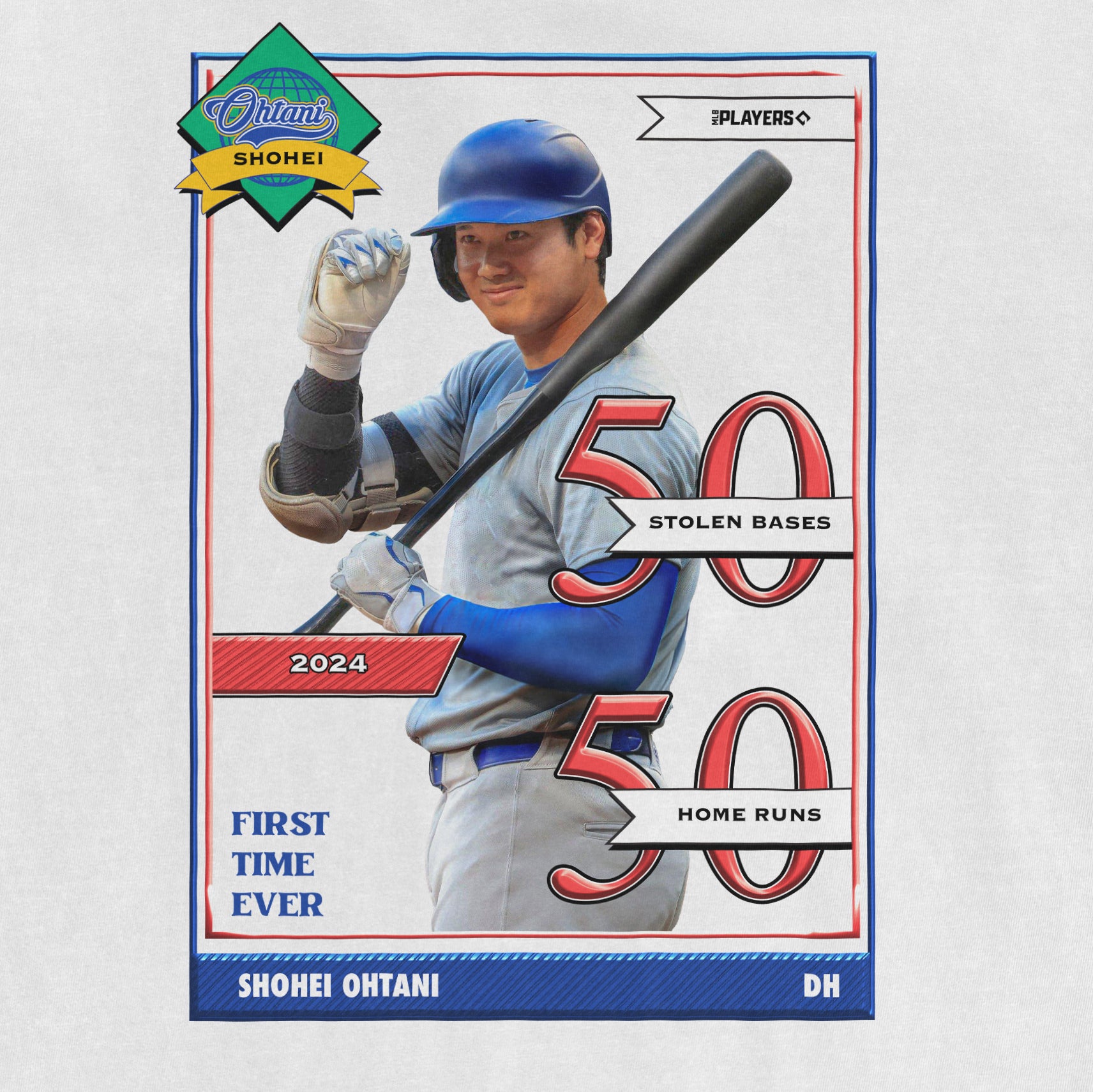 Baseball card featuring Shohei Ohtani with stats: 50 stolen bases and 50 home runs in 2024, celebrating his first-time achievements.
