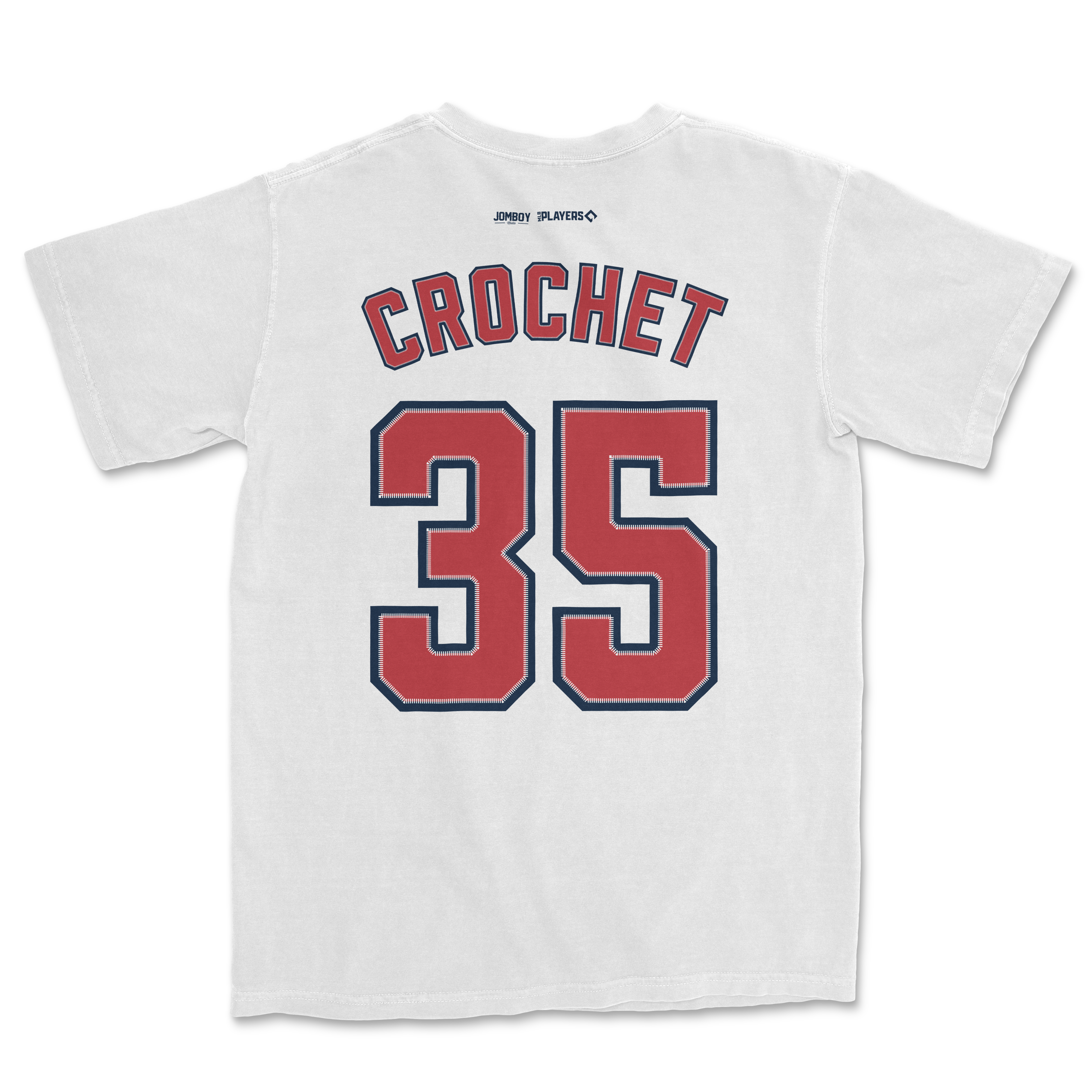 White Comfort Colors tee featuring "Crochet" text and the number 35 in red with navy outline, designed for sports or casual wear.