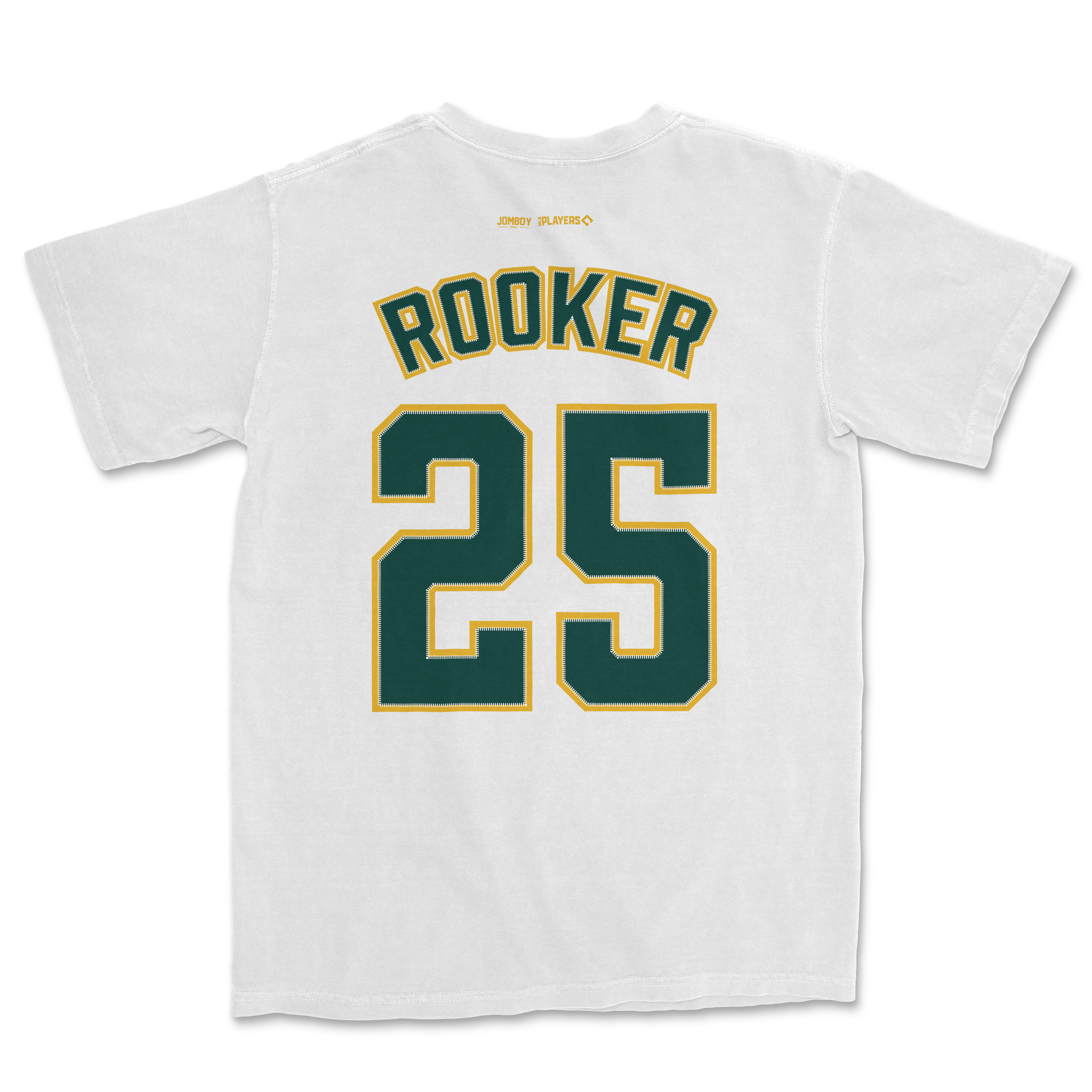 White Comfort Colors tee featuring "Rooker" and the number 25 in green with yellow outline, displayed from the back.