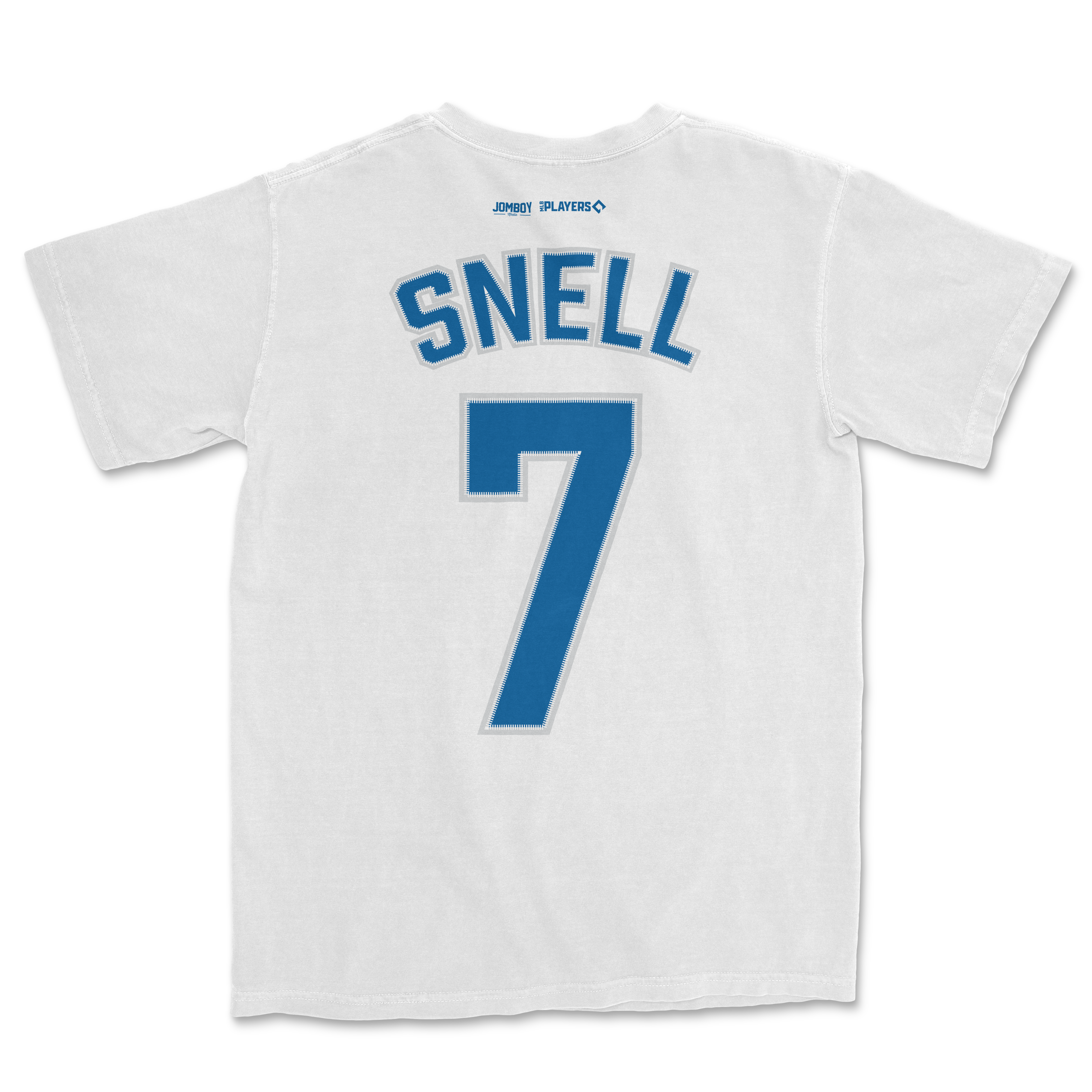 White Comfort Colors tee featuring "Snell" and the number 7 in blue, with small logos above the name.