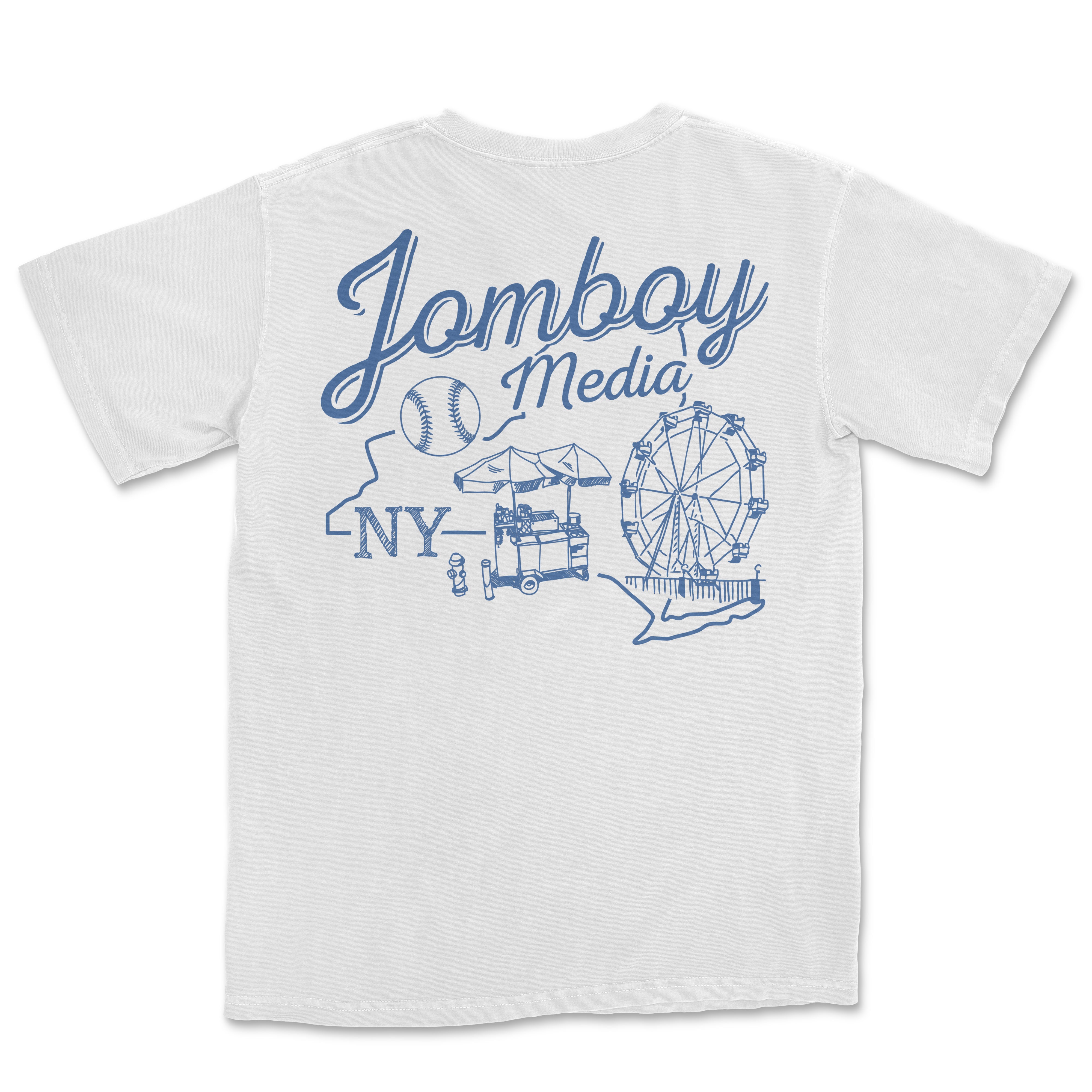 White T-shirt featuring a blue graphic design of a baseball, a food cart, a Ferris wheel, and the text "Jomboy Media NY" representing Coney Island.