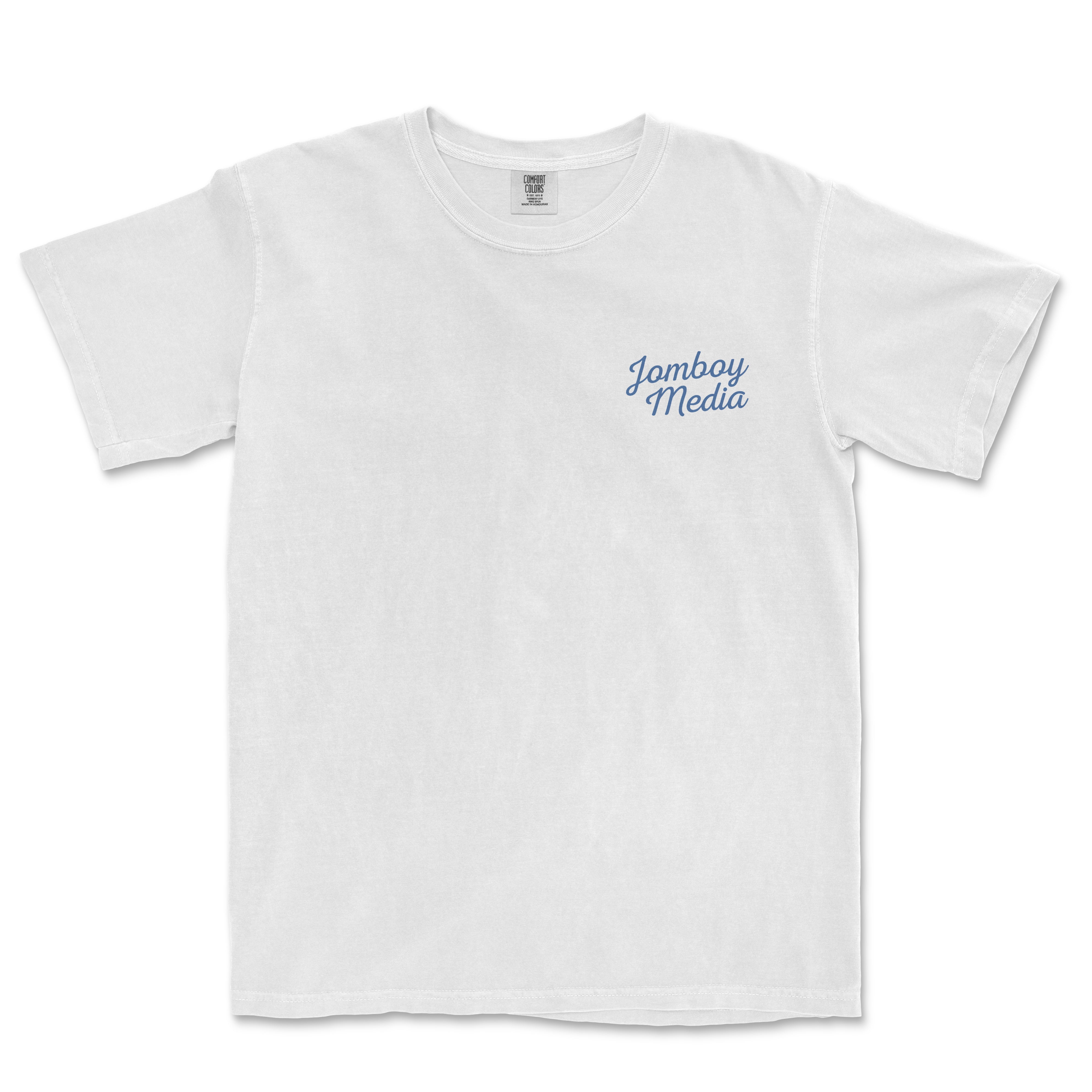 White T-shirt with "Jomboy Media" written in blue cursive text on the upper left chest area.