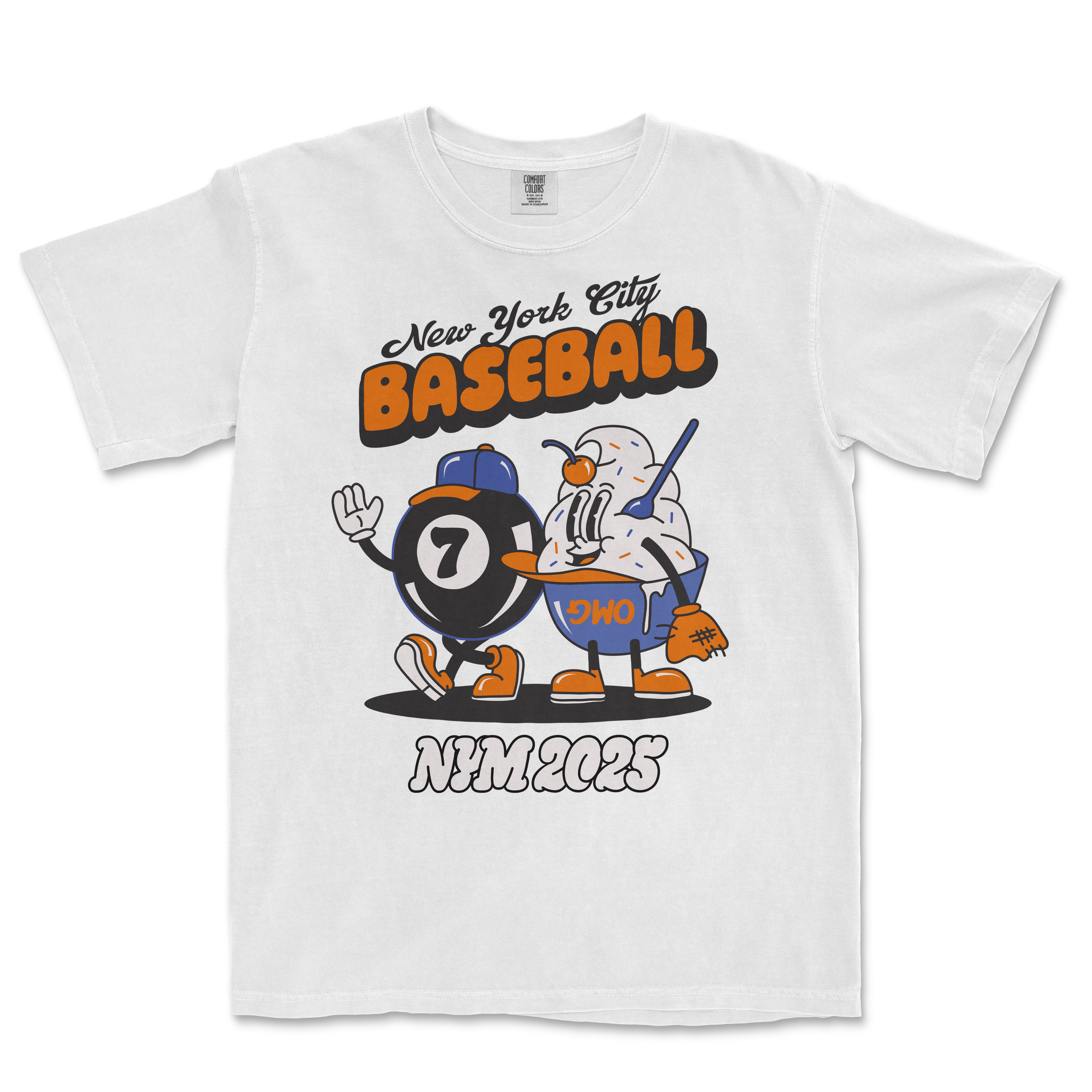 White Comfort Colors T-shirt featuring a cartoon baseball and magic 8 ball character with "New York City Baseball" text and "2023" at the bottom.