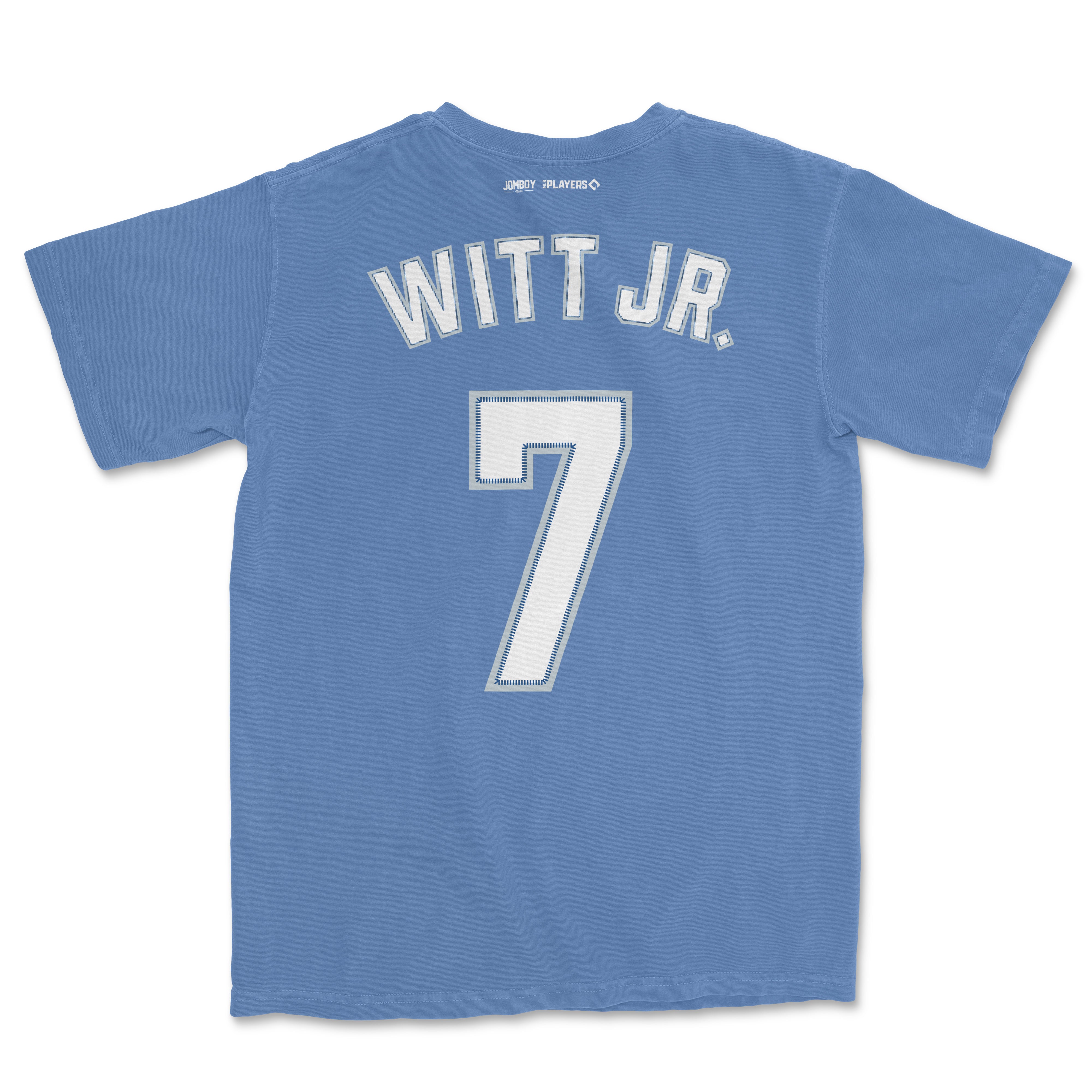 Back of a blue Comfort Colors tee featuring "WITT JR." and the number 7 in white, with small brand logos near the collar.