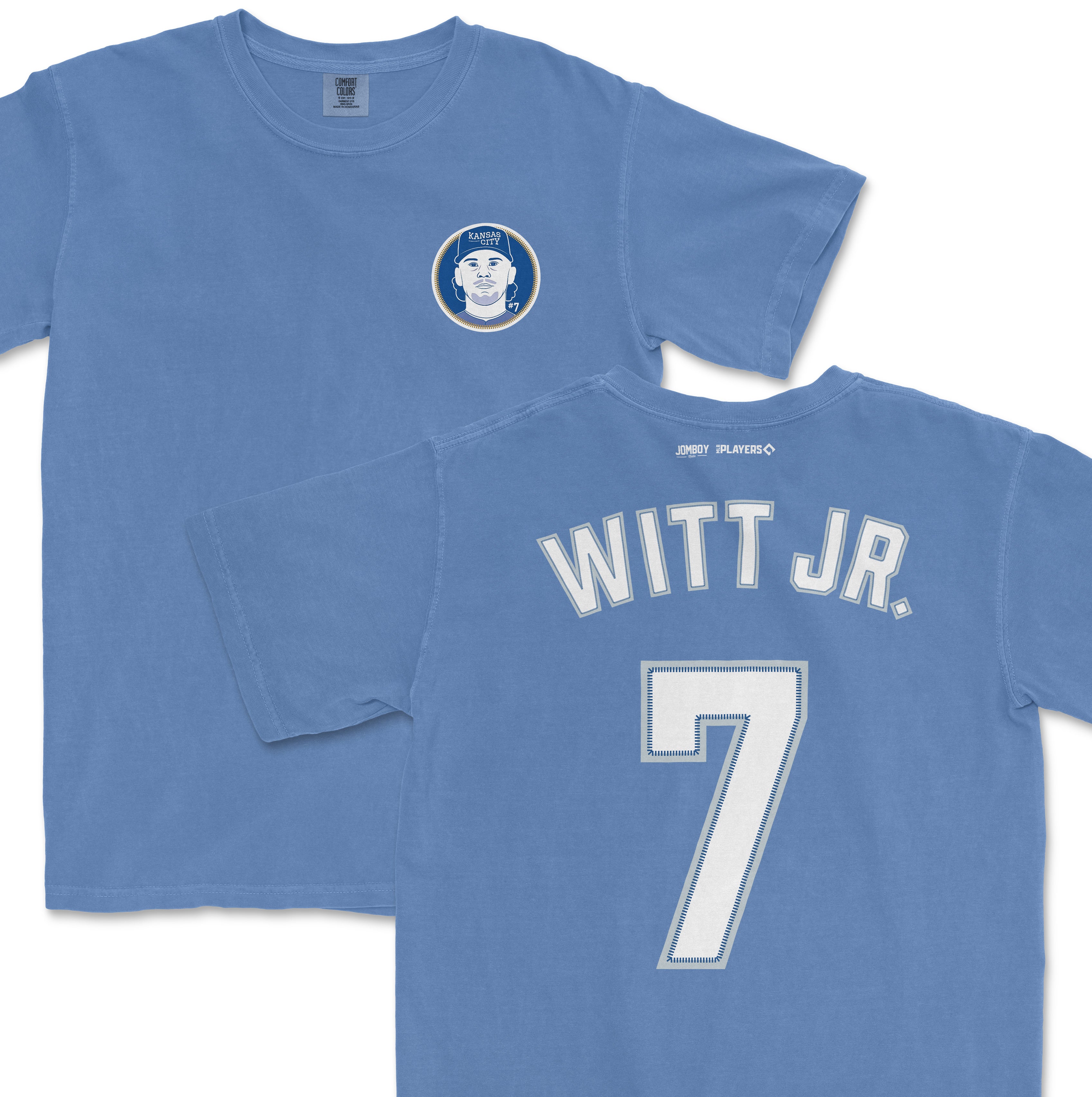Blue Comfort Colors tee featuring Bobby Witt Jr. Kansas City Royals jersey design with player name and number on back.