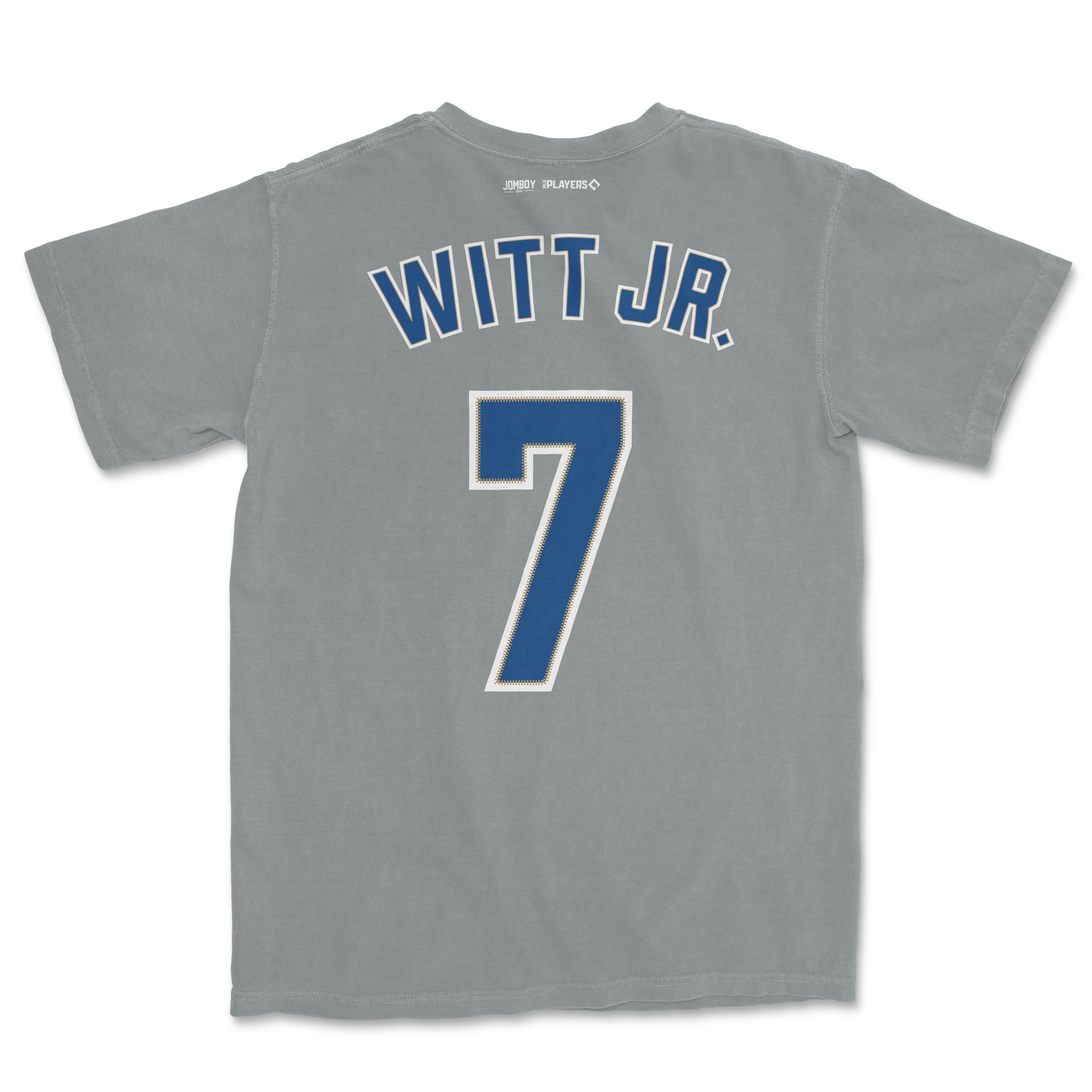 Back of a Comfort Colors tee featuring "WITT JR." and the number 7 in blue and white, with small brand logos at the top.