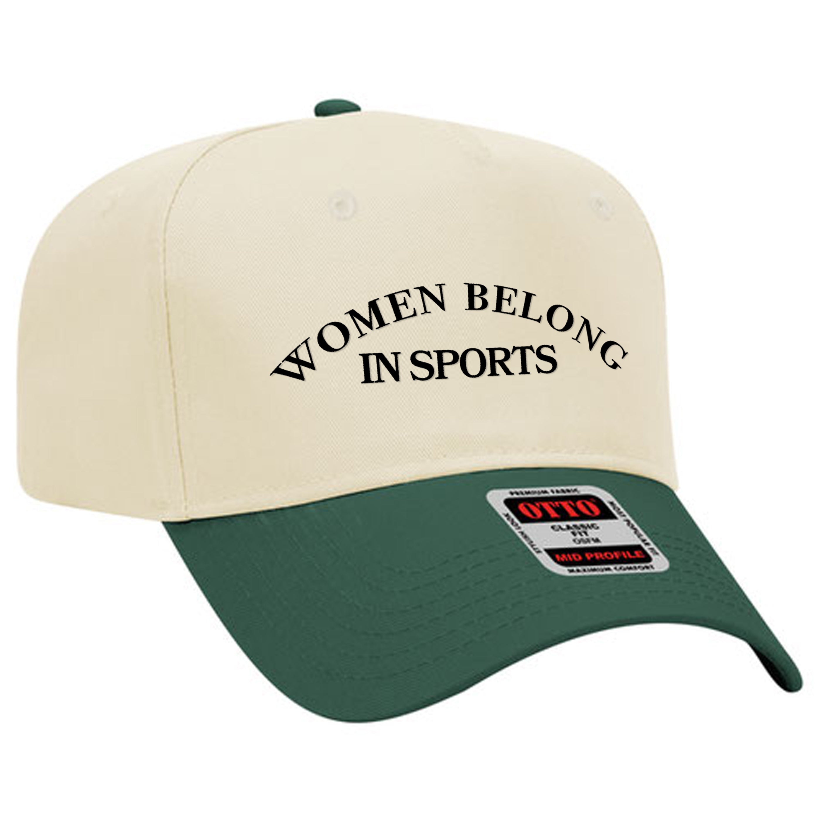 Cap with cream crown, green brim, and embroidered text "Women Belong in Sports" in black.