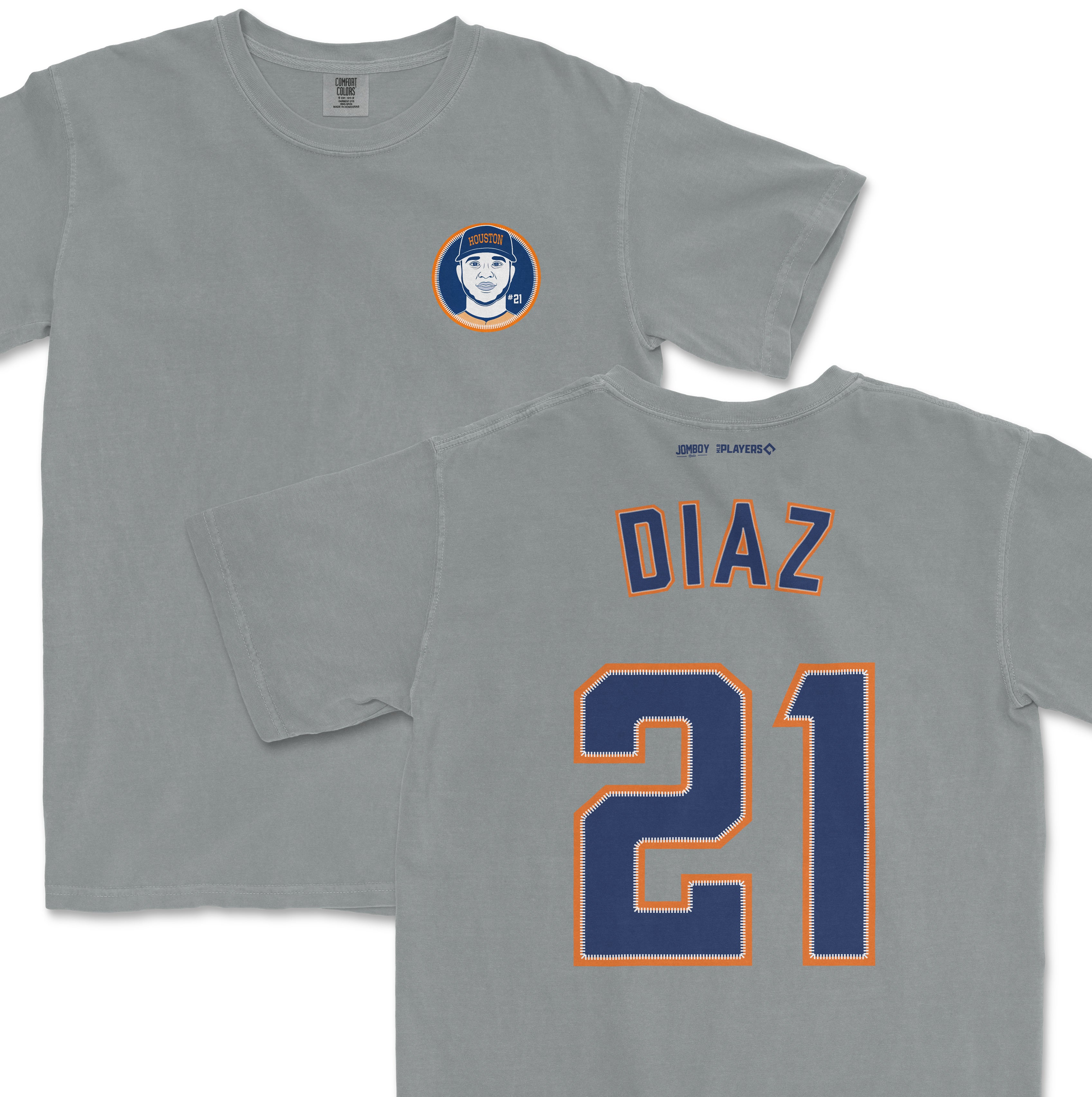 Gray Yainer Diaz shirsey with his name "DIAZ" and number "21" in navy blue and orange, featuring a small Houston logo on the front.