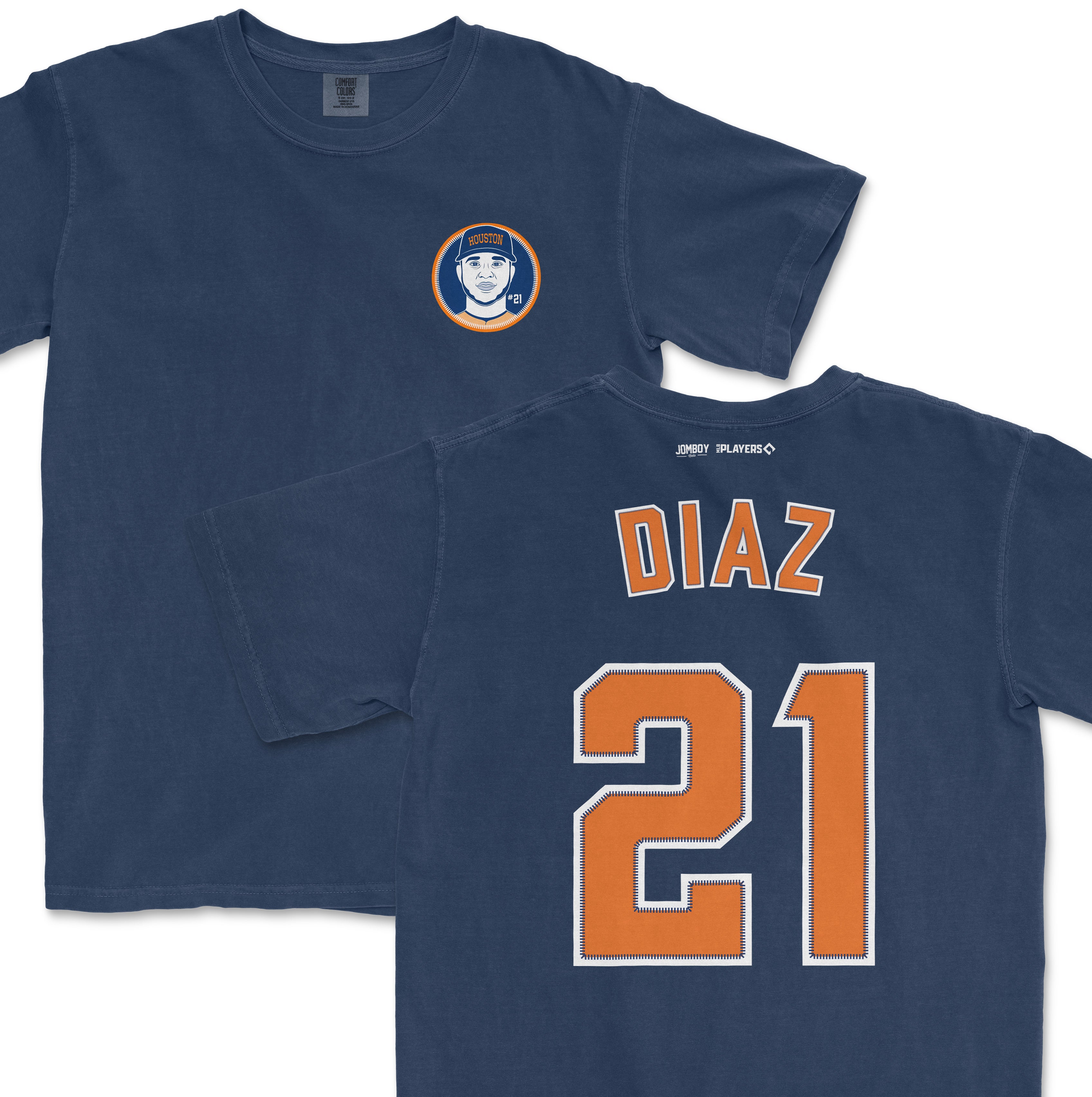 Yainer Diaz shirsey in navy blue with orange and white lettering, featuring his name and number 21 on the back.
