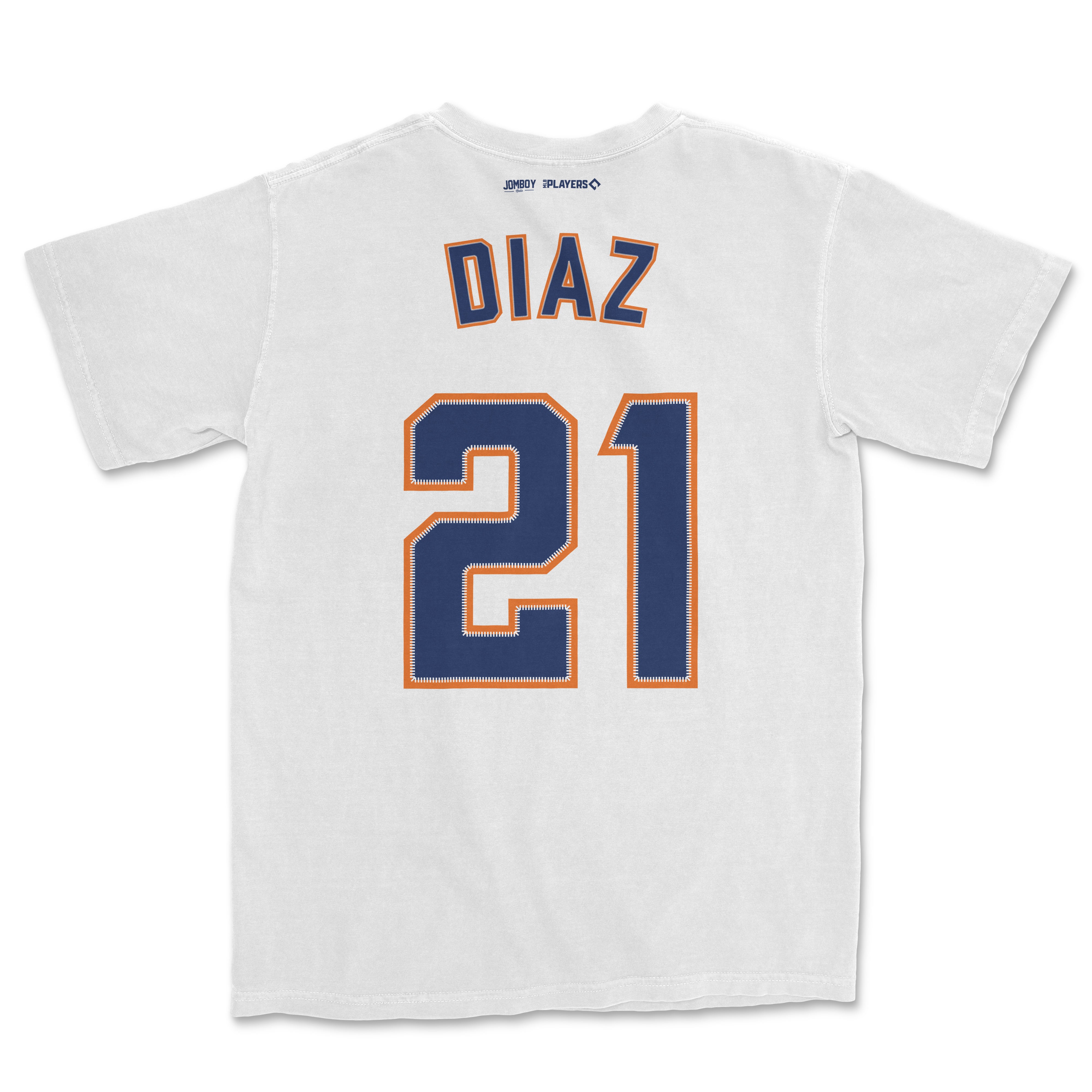 White Yainer Diaz Shirsey with navy blue and orange accents, featuring "DIAZ" and the number "21" on the back.