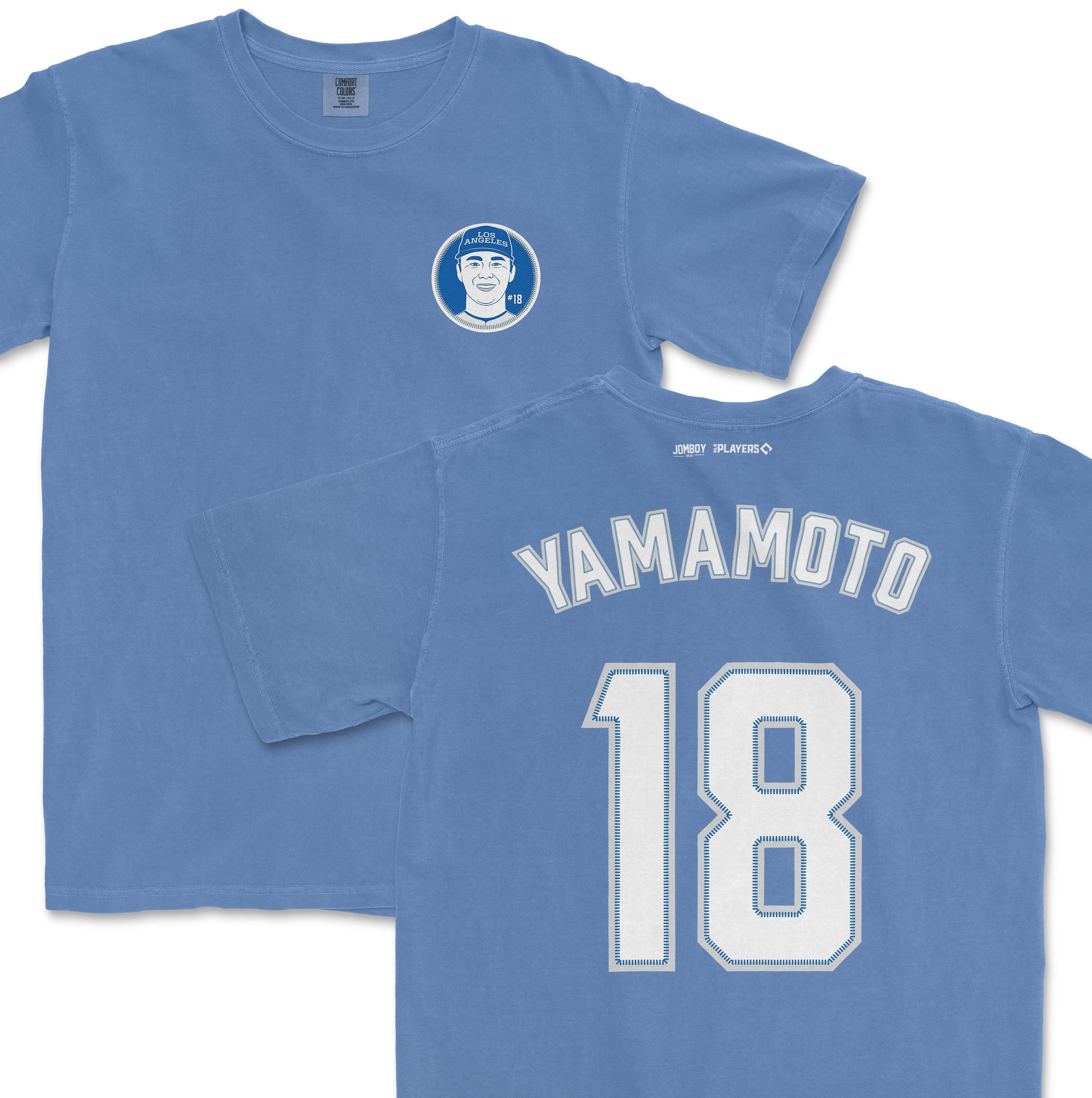 Blue Yoshinobu Yamamoto Shirsey featuring a front logo with a smiling face and a back with "Yamamoto" and the number 18.