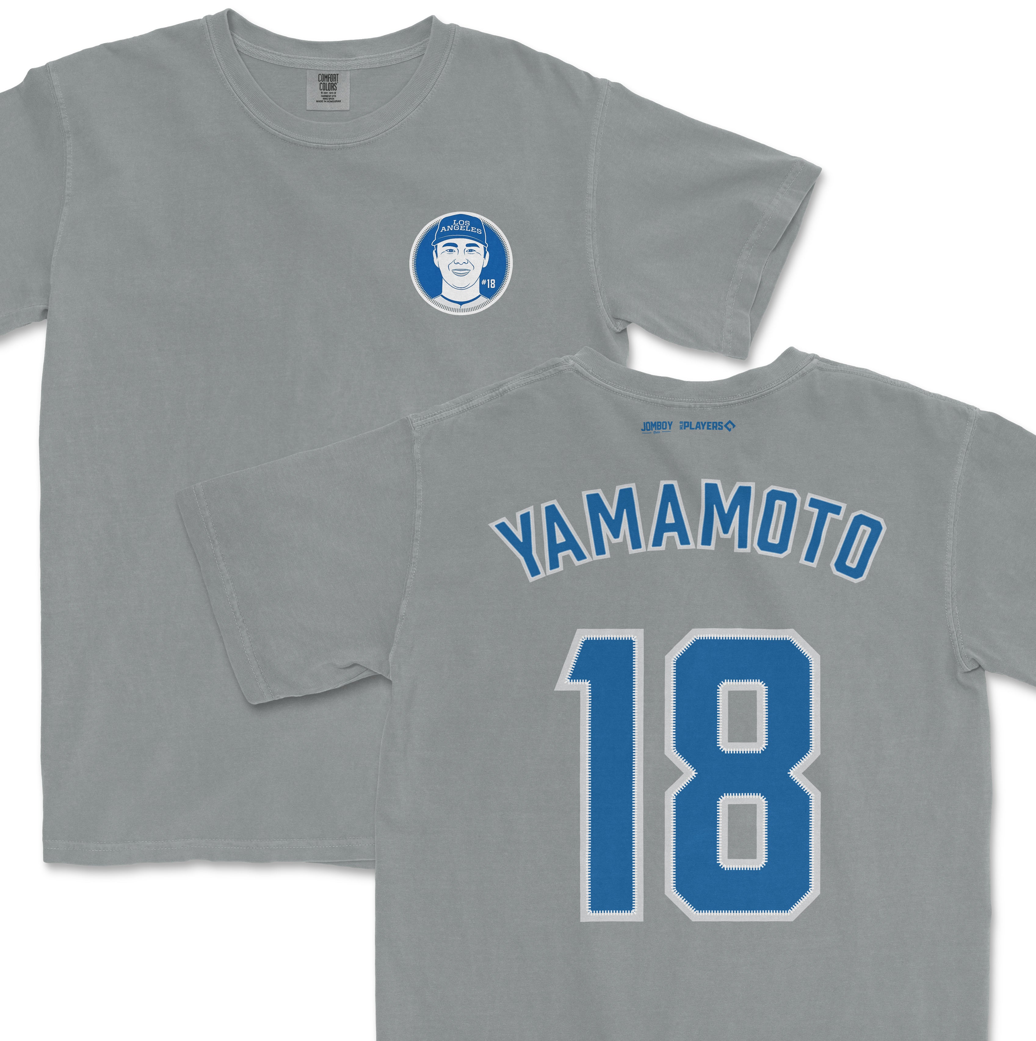 Gray baseball jersey featuring "Yamamoto" and the number "18" in blue with white outline on the back, and a circular logo with a smiling face on the front.