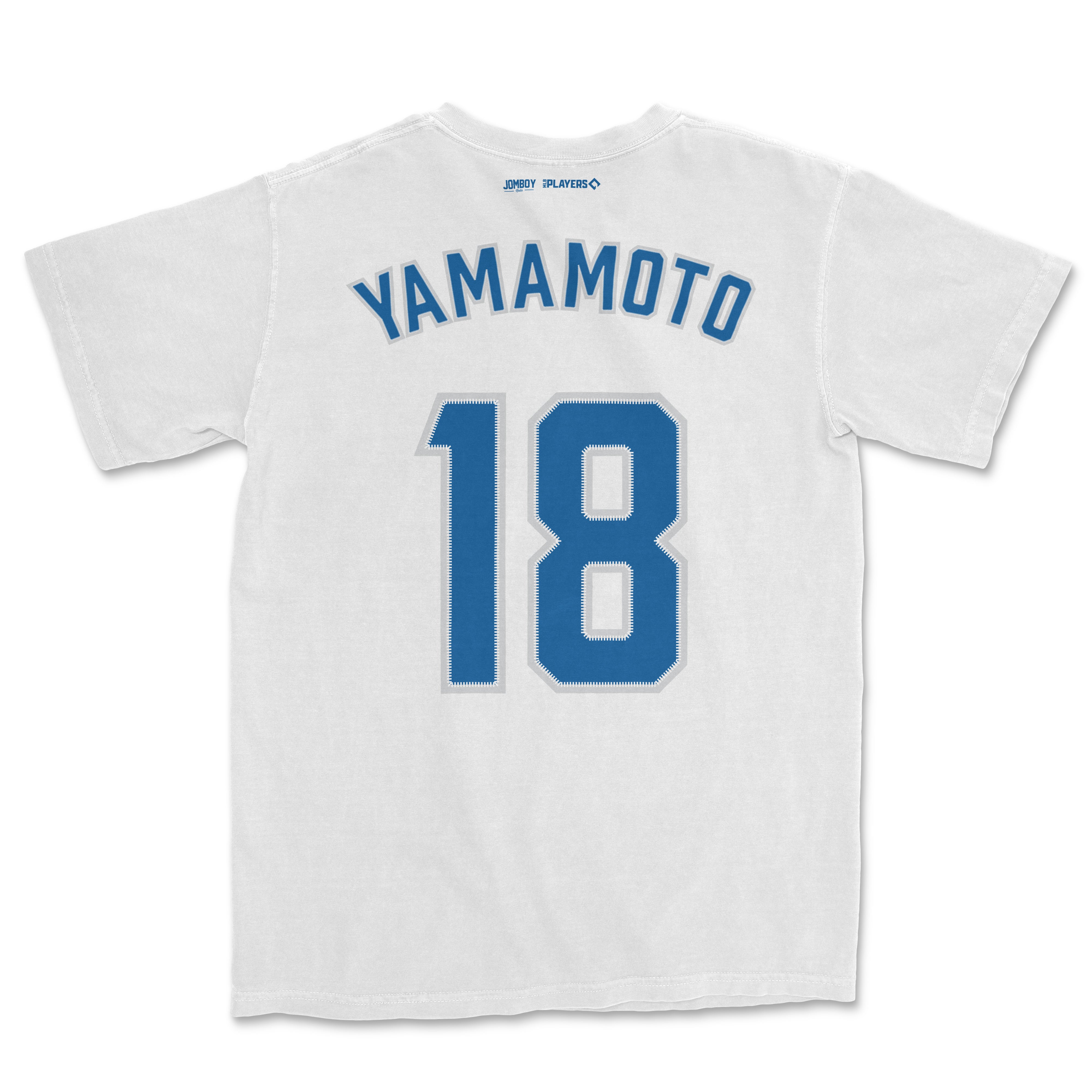 White sports jersey featuring "YAMAMOTO" and the number "18" in blue, with small logos and text on the back collar.