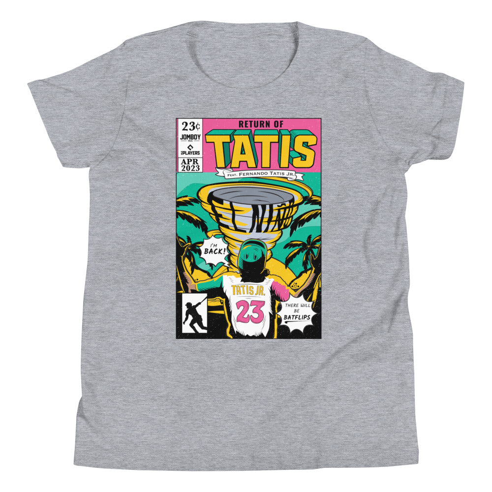 Heather grey youth t-shirt featuring a colorful "Return of Tatís" comic book cover design with tropical elements, a baseball trophy, and the text "Tatís Jr. 23". The shirt highlights the number 23 and the phrase "