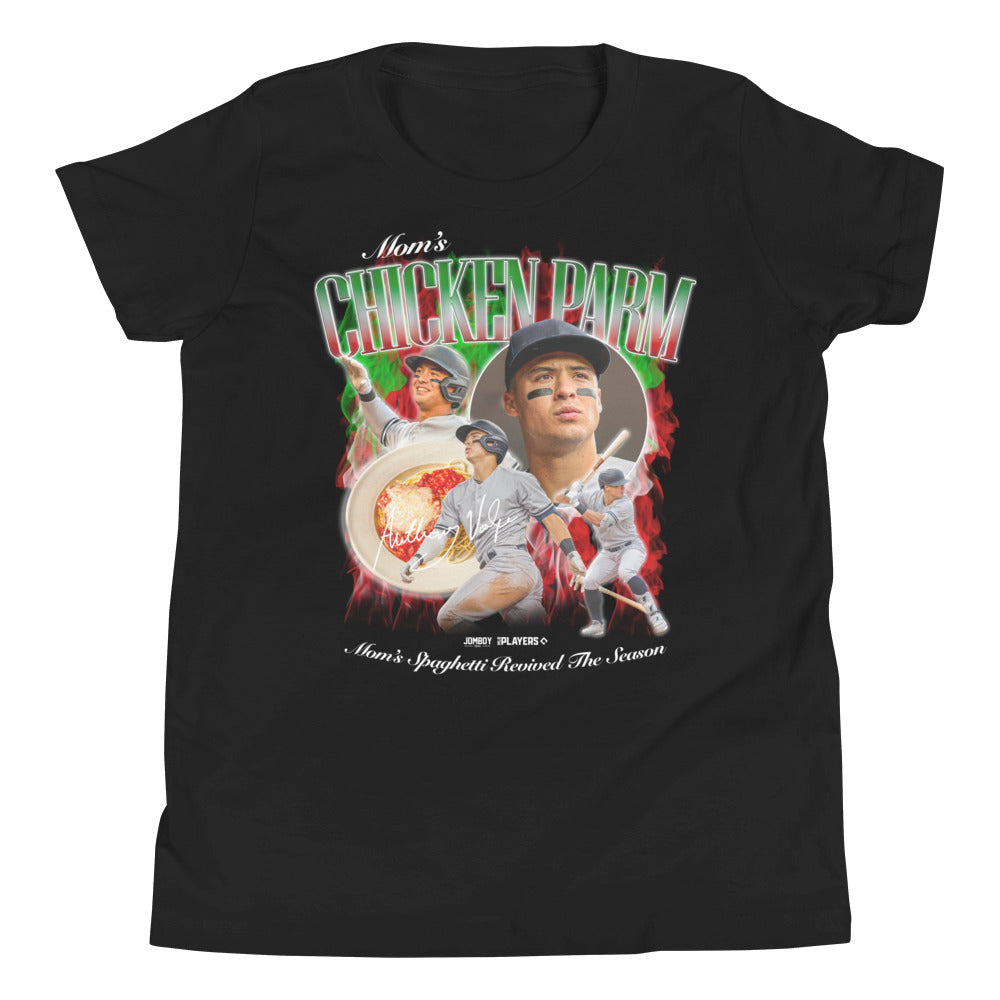 Black youth T-shirt featuring a graphic design of a baseball player with the text "Mom's Chicken Parm" and "Mom's Spaghetti Revived The Season.