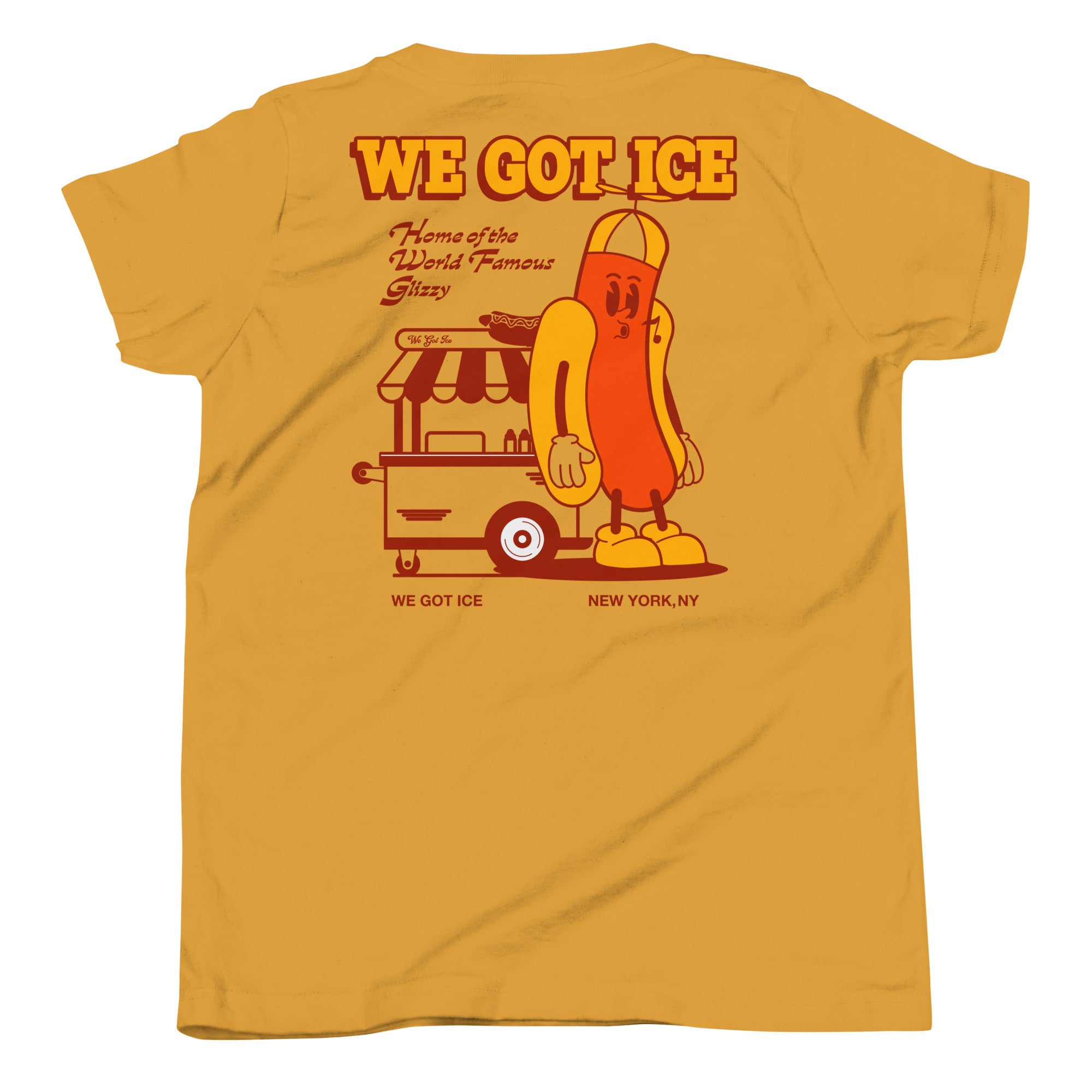 Yellow youth t-shirt featuring a cartoon hot dog character with sunglasses, standing next to a hot dog stand, with "We Got Ice" text.