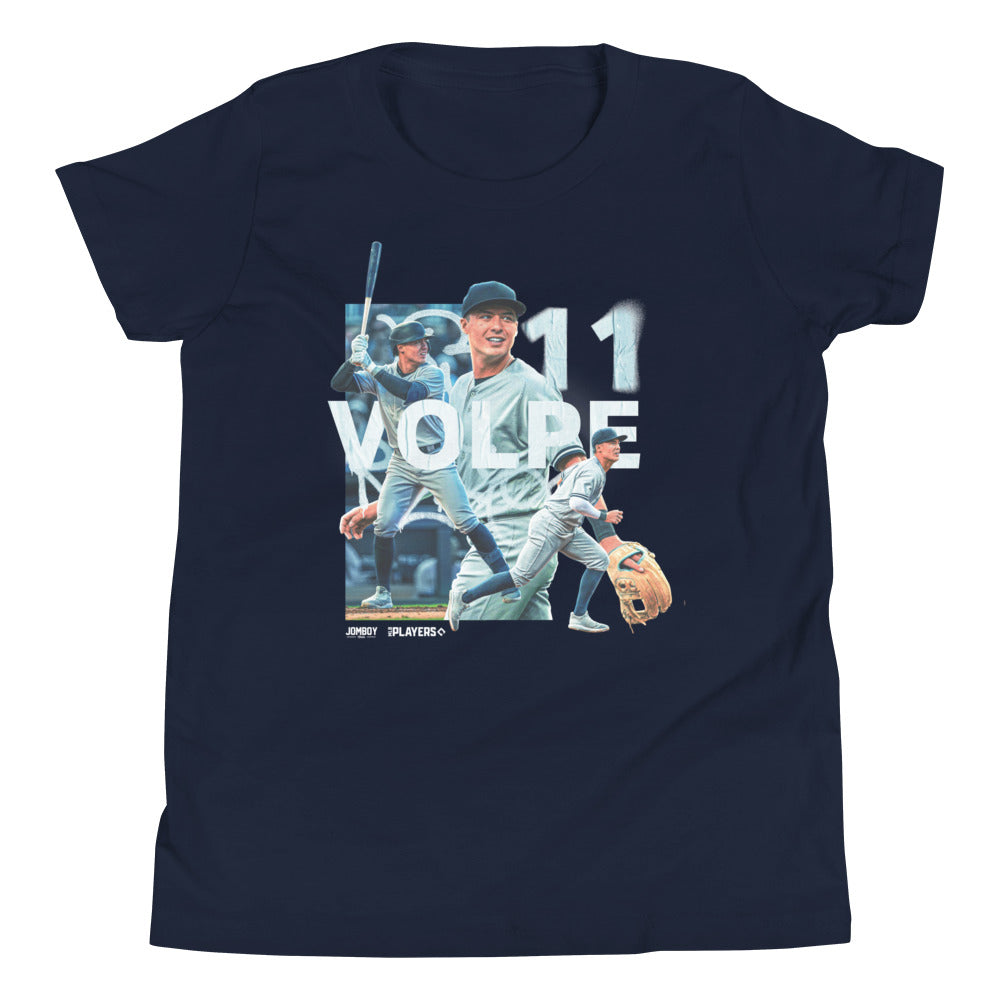 Youth T-shirt featuring Anthony Volpe in various baseball action poses with "VOLS" and "11" text, celebrating the baseball player.