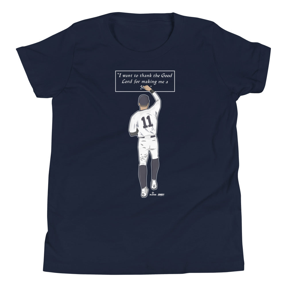 Youth navy T-shirt featuring a baseball player illustration and the quote, "I want to thank the Good Lord for making me a" printed above.